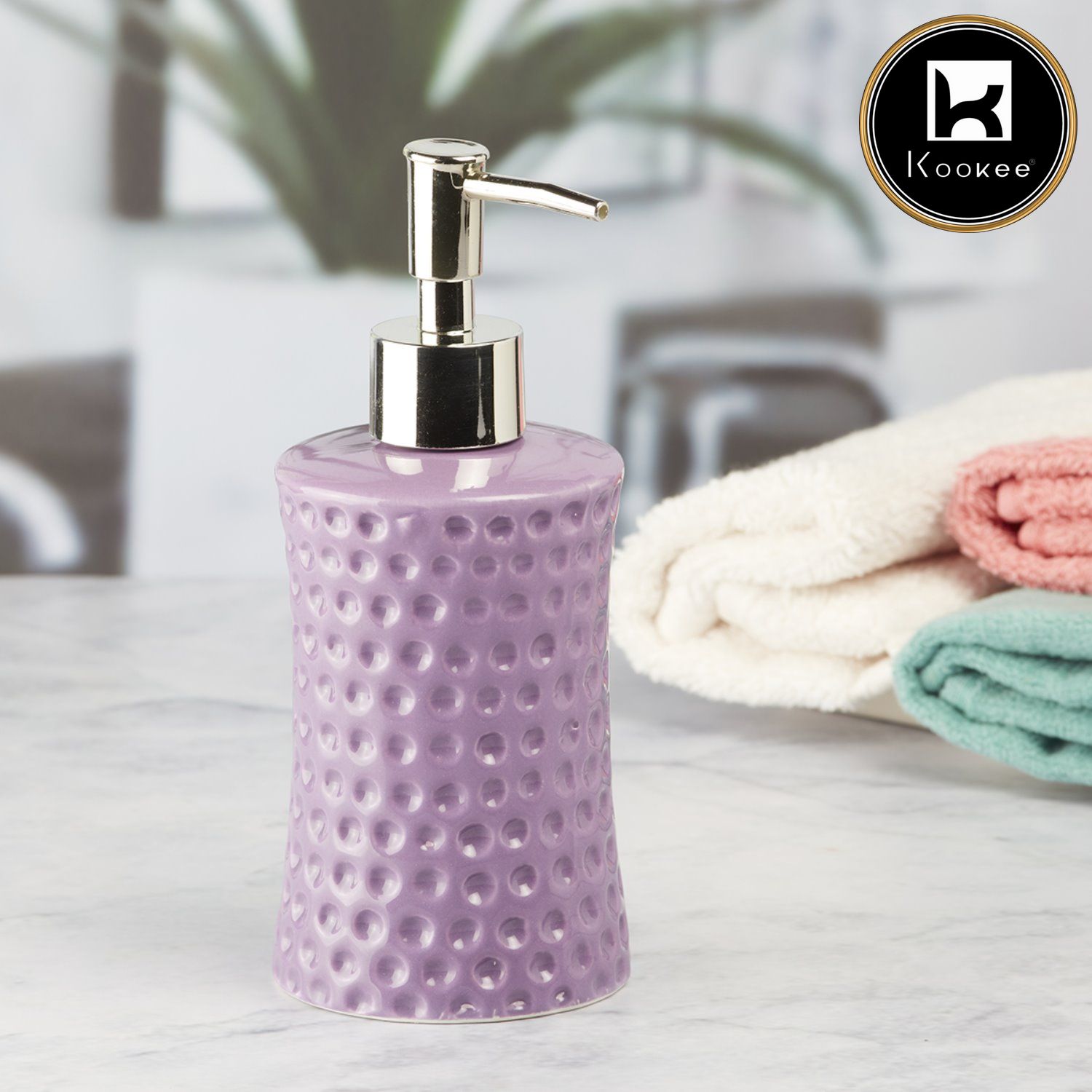 Kookee Ceramic Soap Dispenser with Stylish Refillable Pump Bottle for Bathroom Handwash & Kitchen Wash Basin, Perfect for Hand Soap, Lotion, and more, Purple,