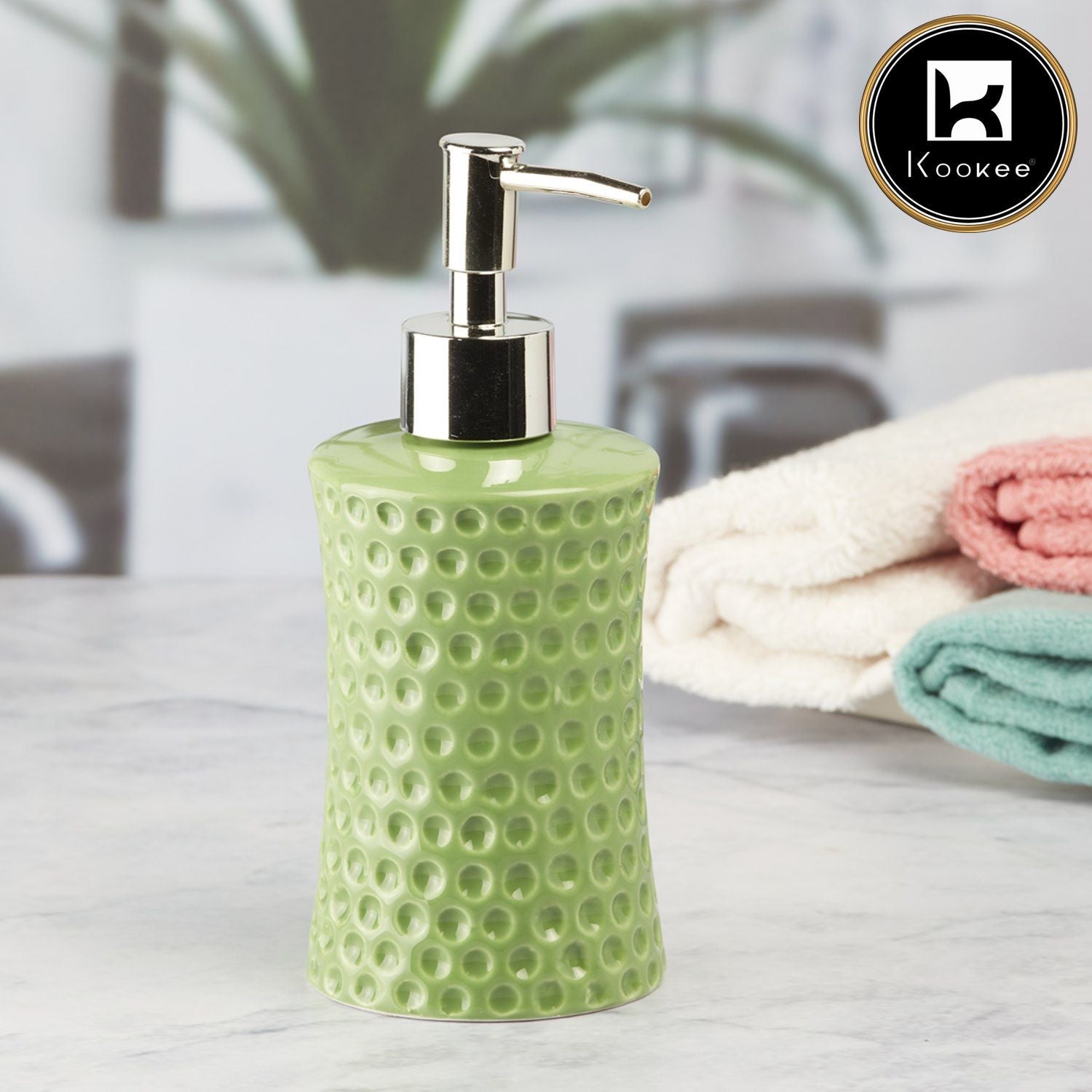 Kookee Ceramic Soap Dispenser with Stylish Refillable Pump Bottle for Bathroom Handwash & Kitchen Wash Basin, Perfect for Hand Soap, Lotion, and more, Green,