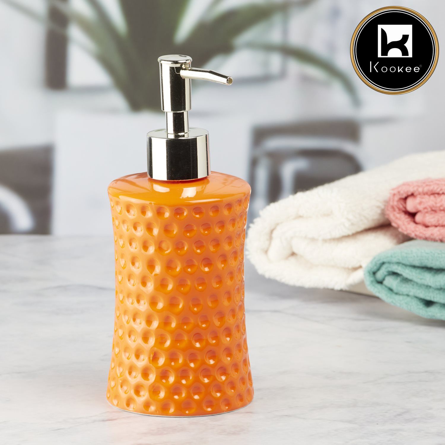 Kookee Ceramic Soap Dispenser with Stylish Refillable Pump Bottle for Bathroom Handwash & Kitchen Wash Basin, Perfect for Hand Soap, Lotion, and more, Orange,