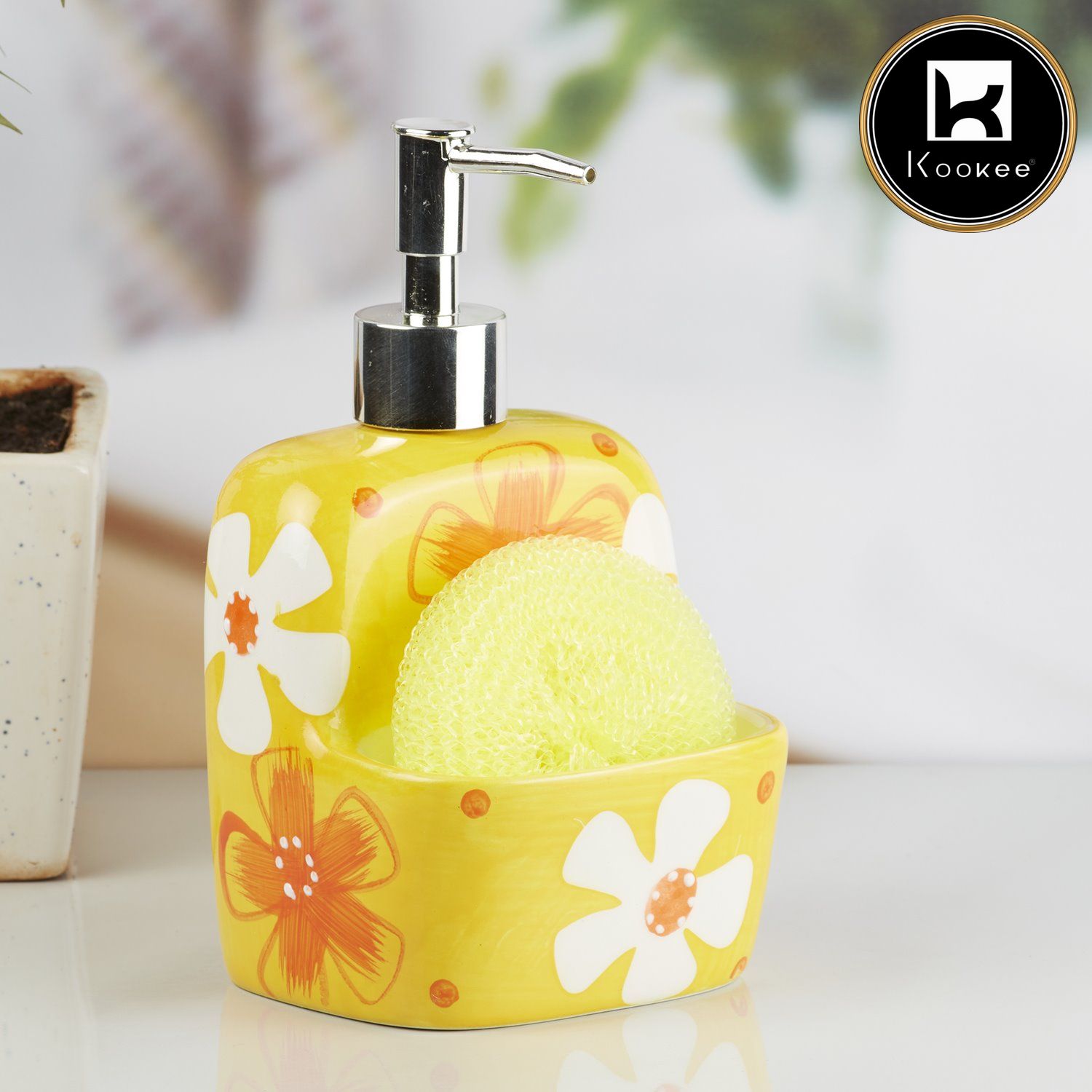 Kookee Ceramic Soap Dispenser with Stylish Refillable Pump Bottle for Bathroom Handwash & Kitchen Wash Basin, Perfect for Hand Soap, Lotion, and more, Yellow,