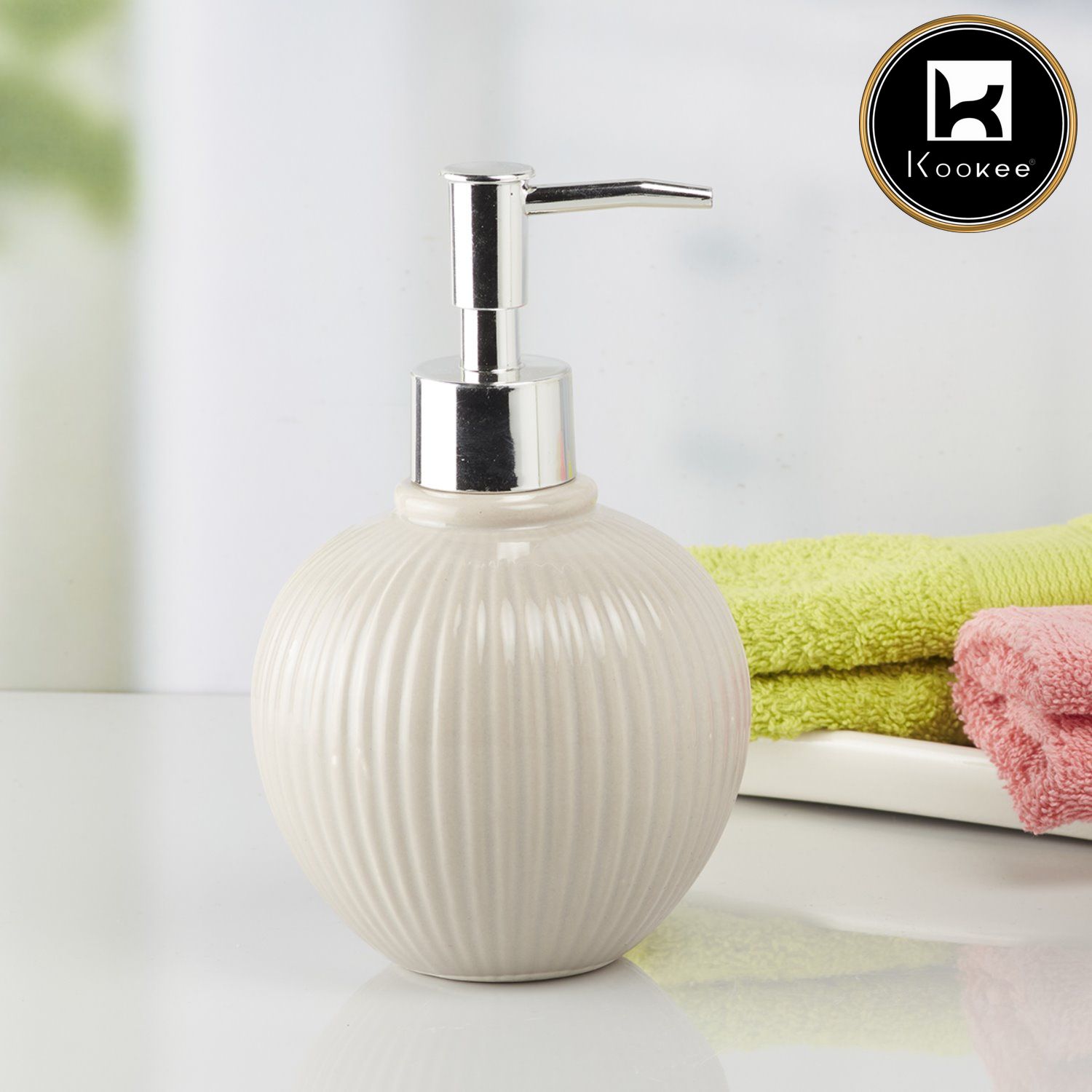 Kookee Ceramic Soap Dispenser with Stylish Refillable Pump Bottle for Bathroom Handwash & Kitchen Wash Basin, Perfect for Hand Soap, Lotion, and more, Beige,