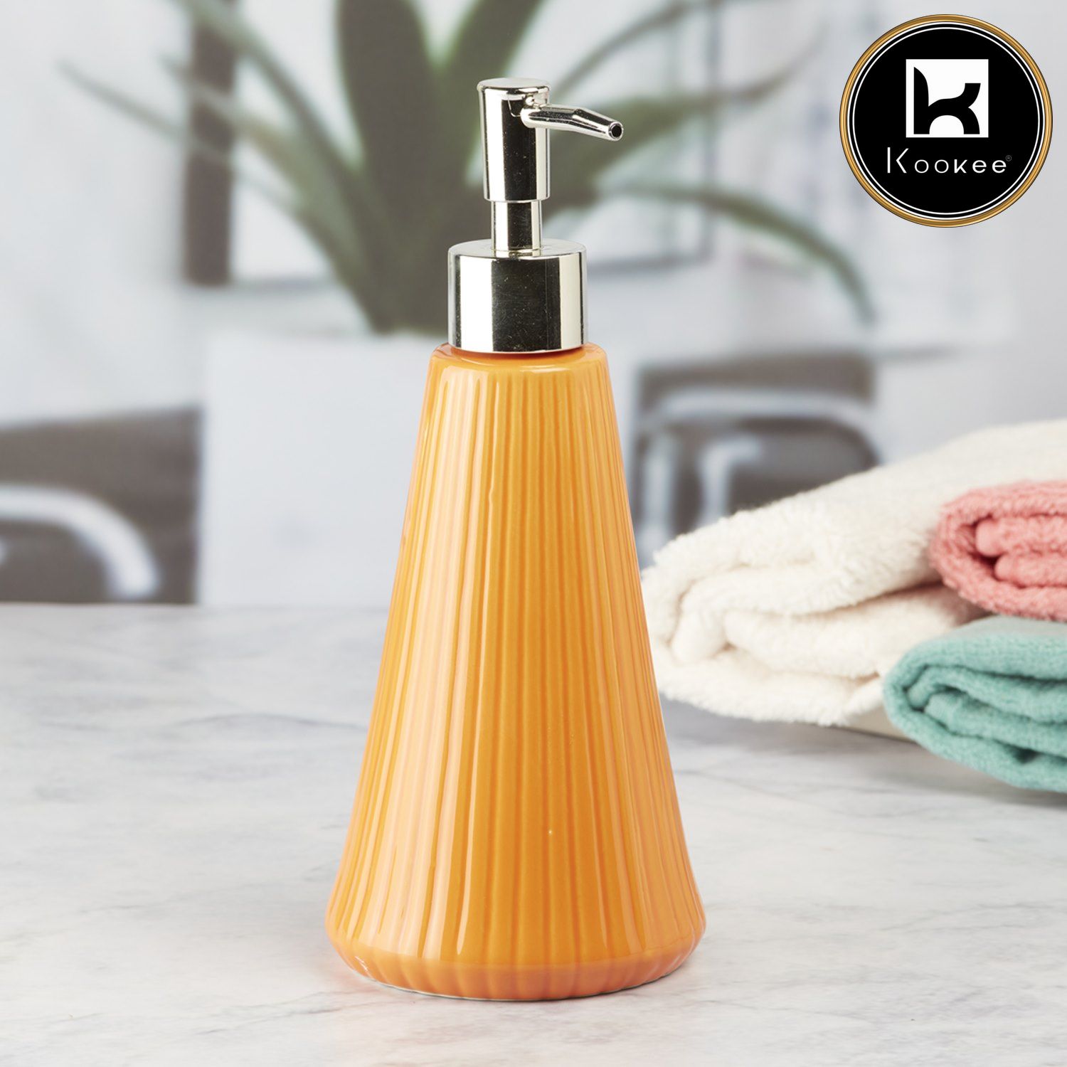 Kookee Ceramic Soap Dispenser with Stylish Refillable Pump Bottle for Bathroom Handwash & Kitchen Wash Basin, Perfect for Hand Soap, Lotion, and more, Orange,