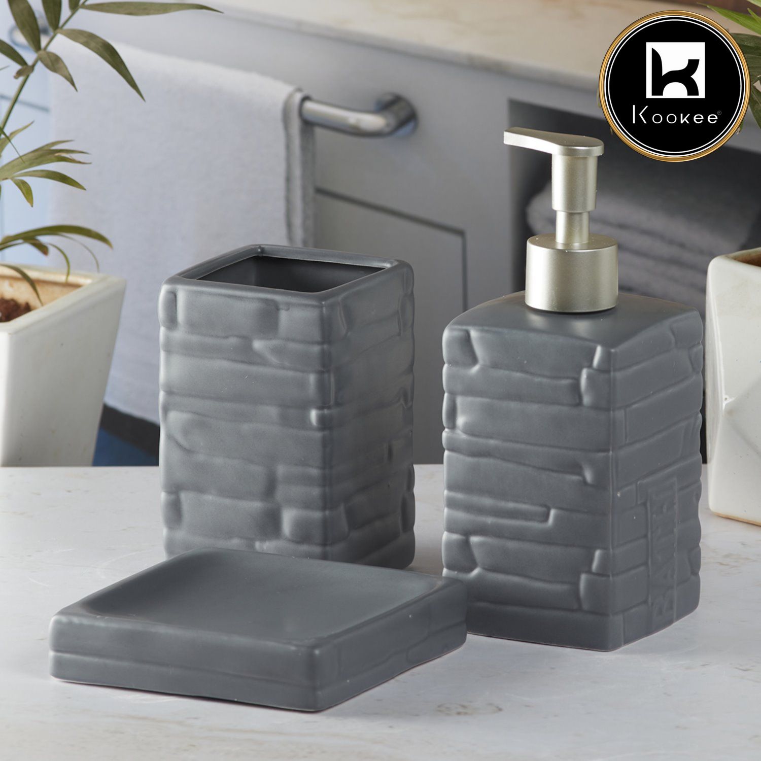 Kookee Ceramic Bathroom Accessories Set of 3, Modern Bath Set with Liquid handwash Soap Dispenser and Toothbrush holder, Luxury Gift Accessory for Home, Grey