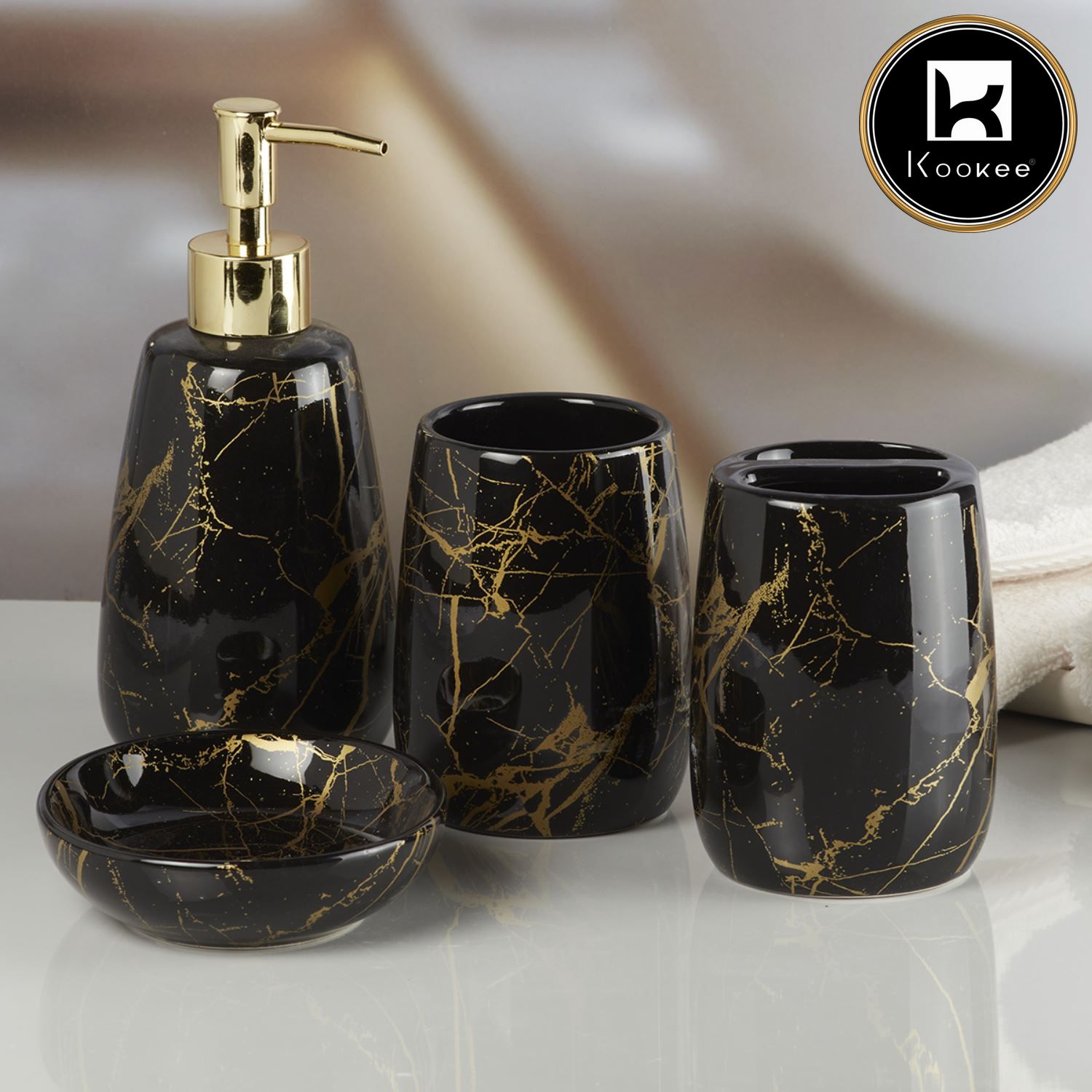 Kookee Ceramic Bathroom Accessories Set of 4, Modern Bath Set with Liquid handwash Soap Dispenser and Toothbrush holder, Luxury Gift Accessory for Home, Black/Gold