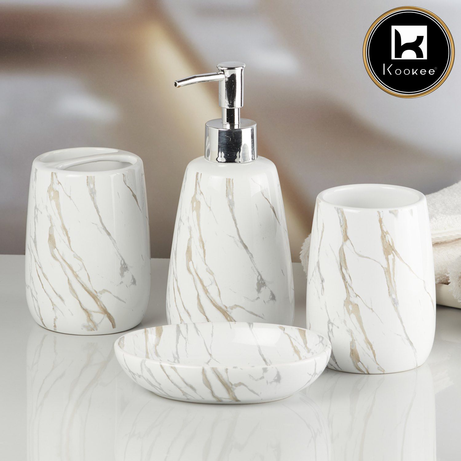 Ceramic Bathroom Accessories Set of 4 with Soap Dispenser (8063)