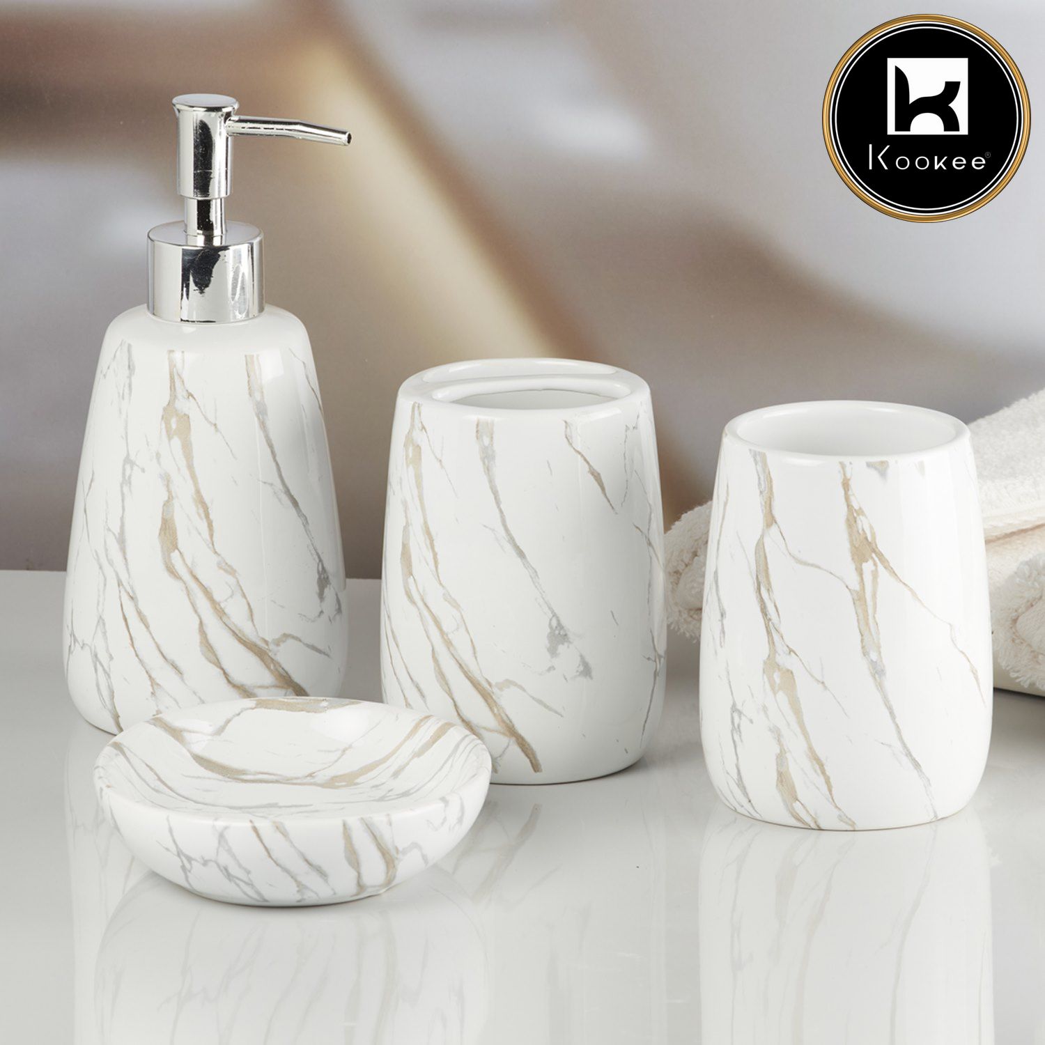 Ceramic Bathroom Accessories Set of 4 with Soap Dispenser (8063)