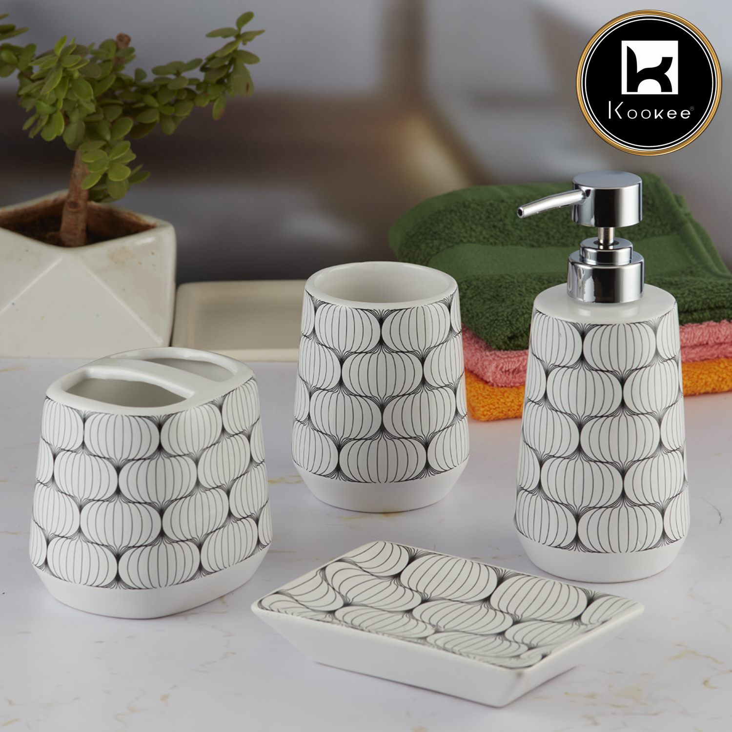 Ceramic Bathroom Accessories Set of 4 with Soap Dispenser (8064)