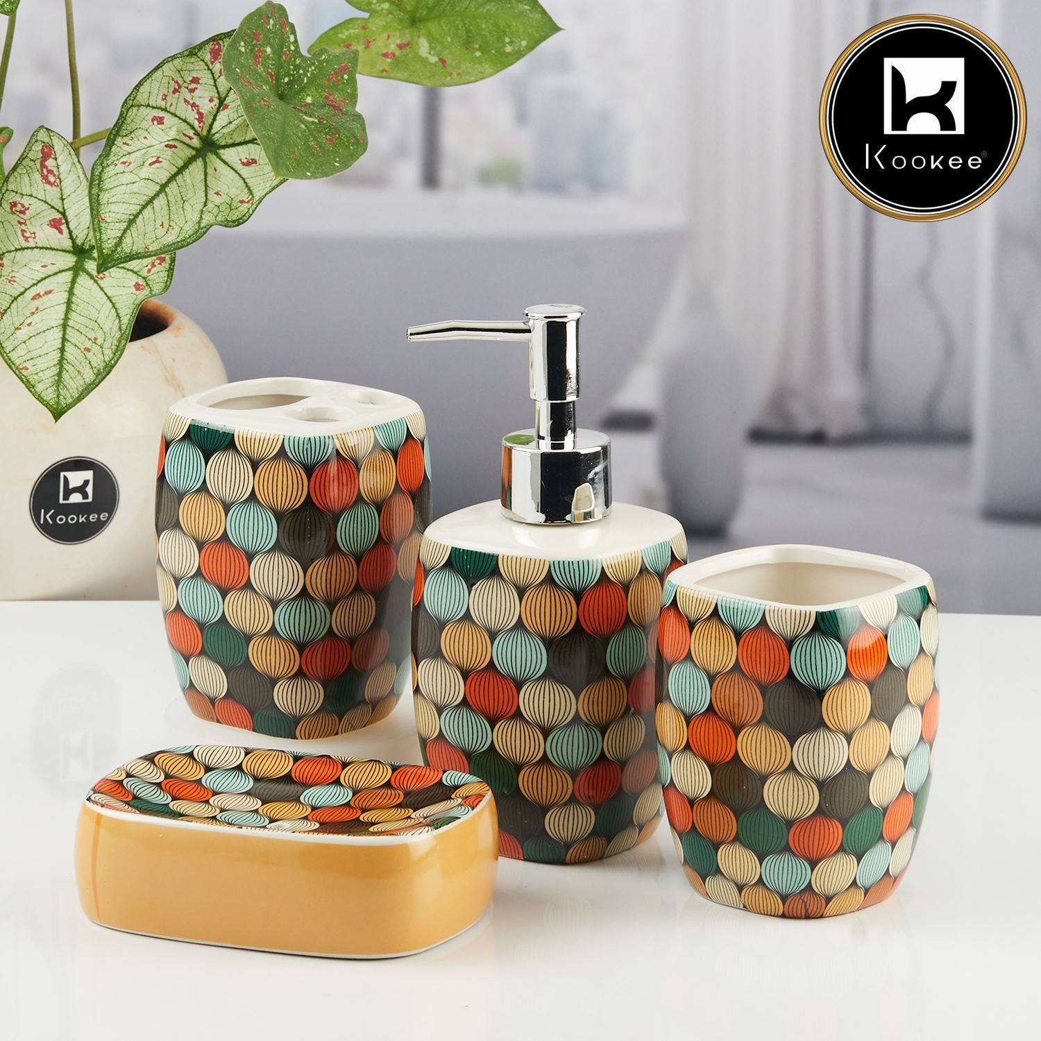 Ceramic Bathroom Accessories Set of 4 with Soap Dispenser (8065)