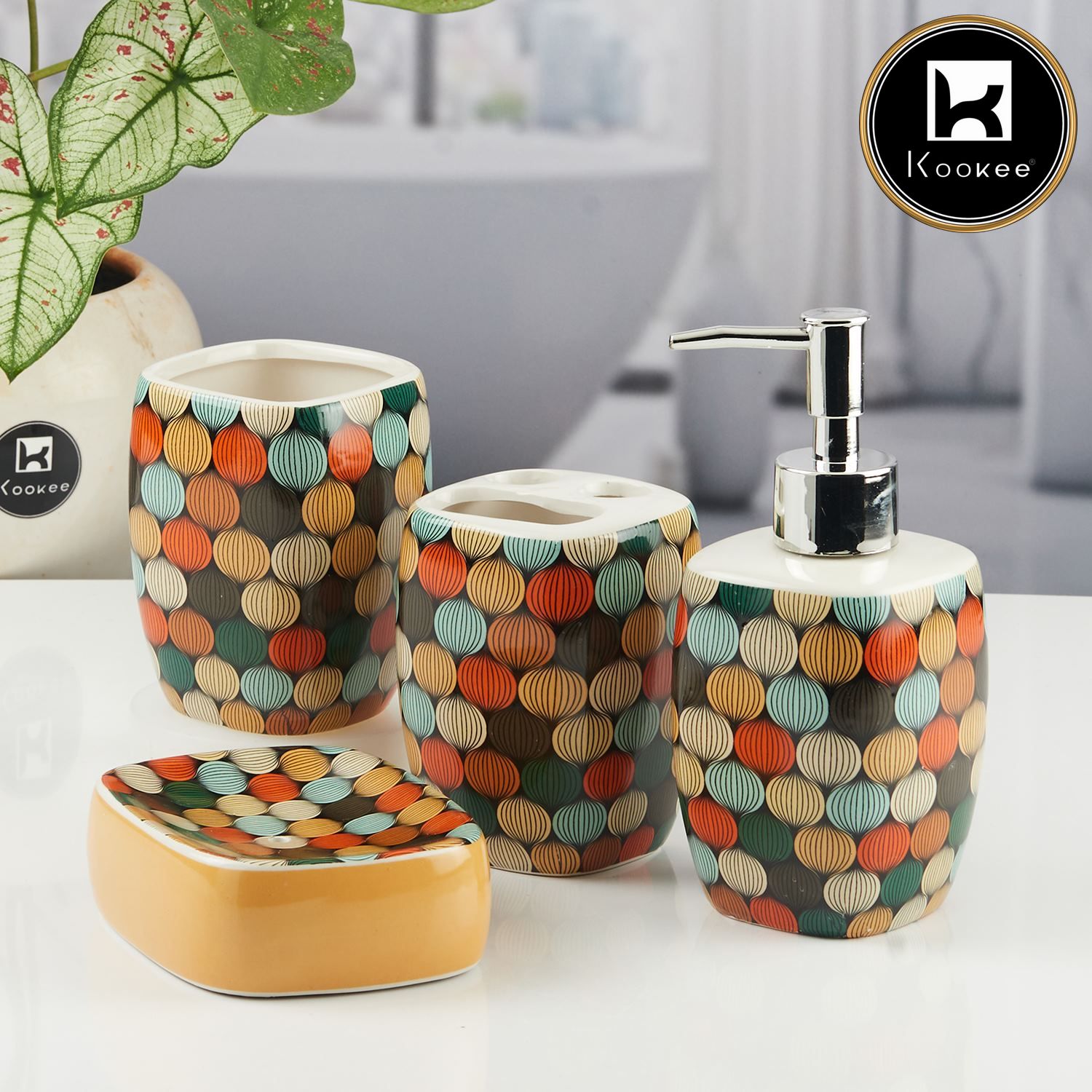 Ceramic Bathroom Accessories Set of 4 with Soap Dispenser (8065)