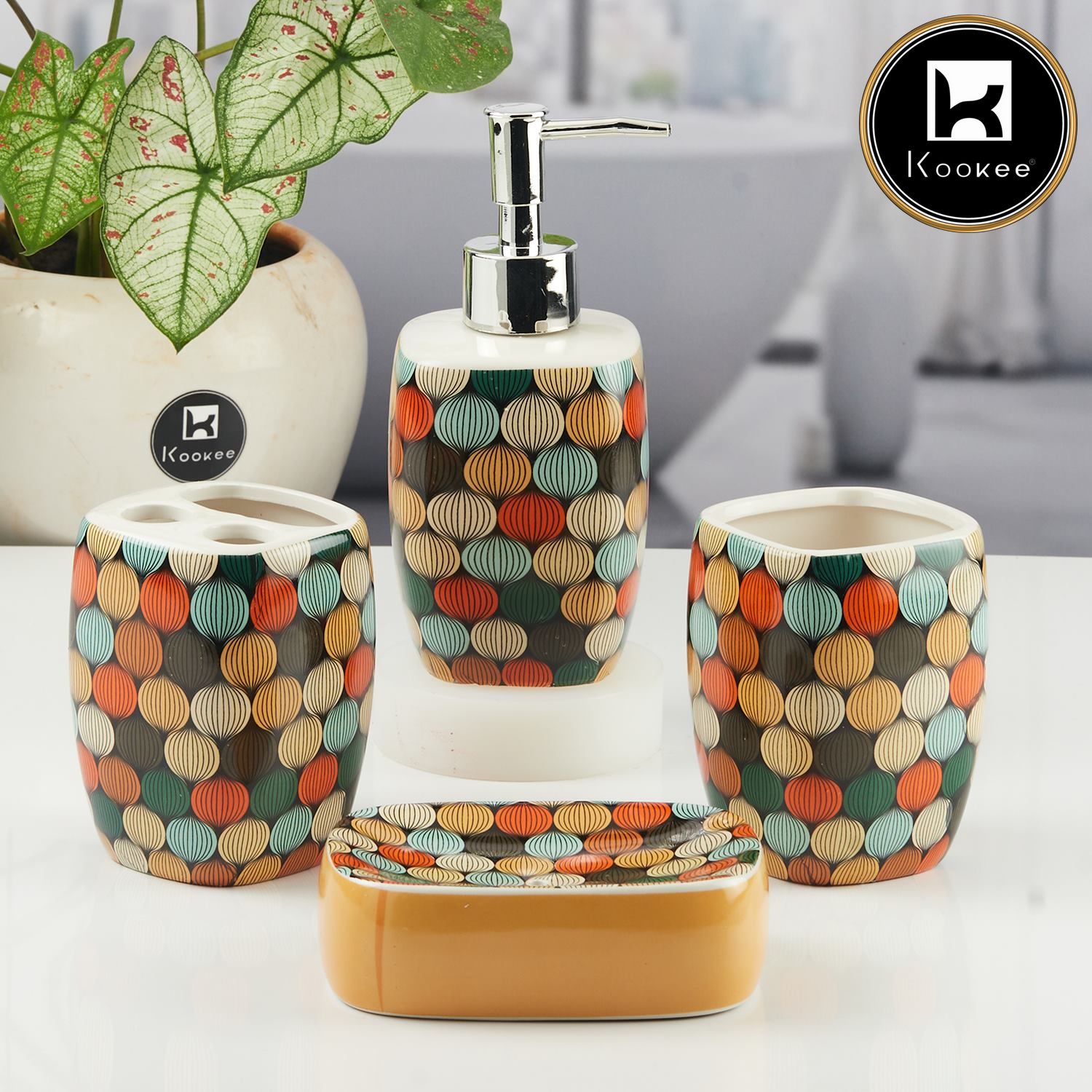 Ceramic Bathroom Accessories Set of 4 with Soap Dispenser (8065)