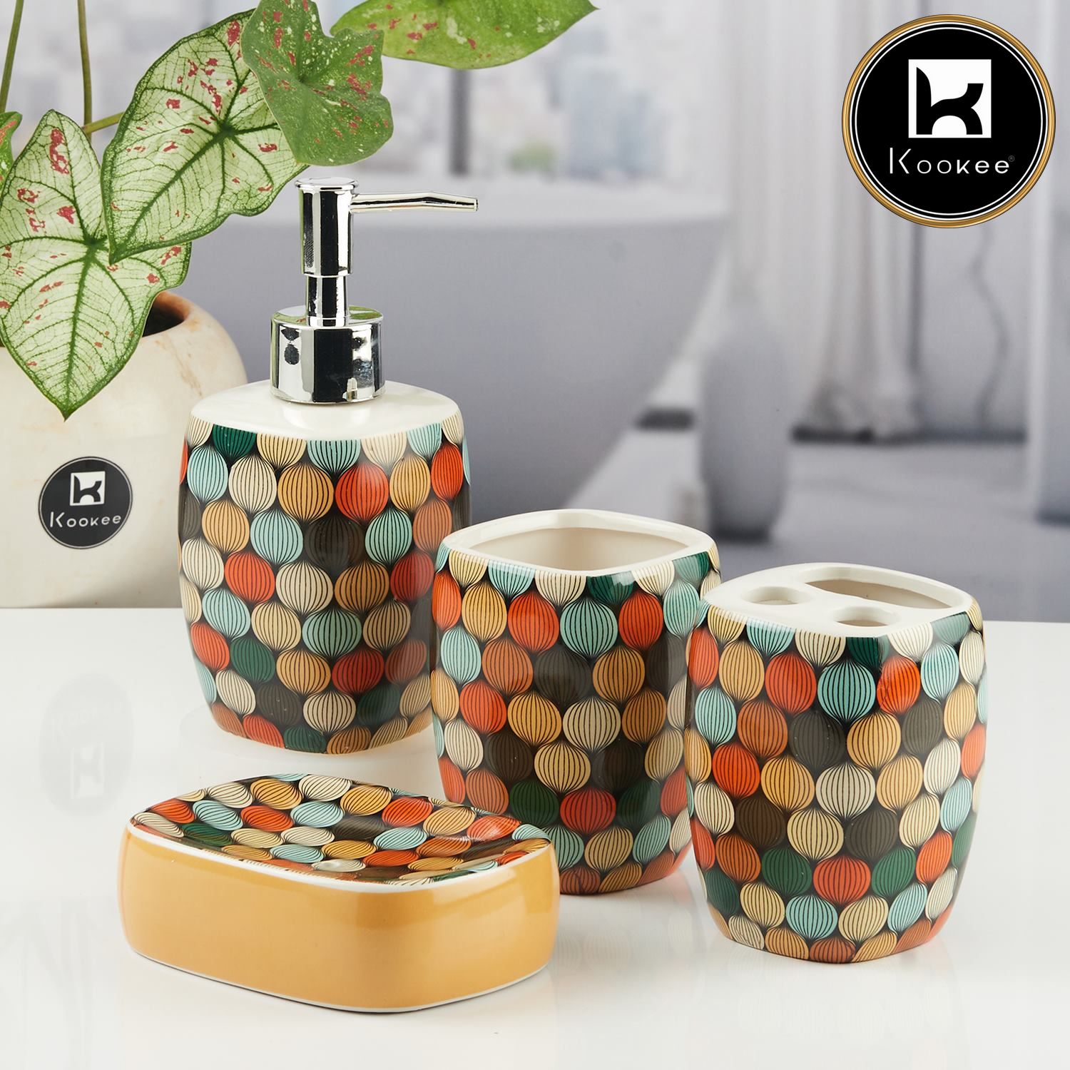 Ceramic Bathroom Accessories Set of 4 with Soap Dispenser (8065)