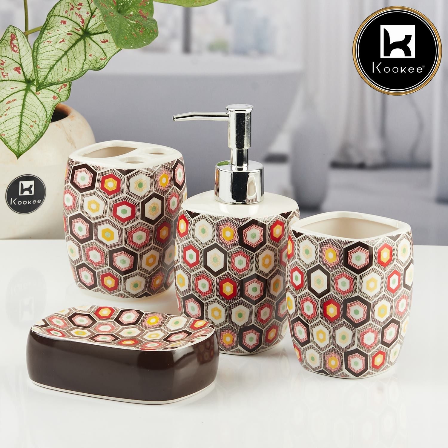 Ceramic Bathroom Accessories Set of 4 with Soap Dispenser (8072)