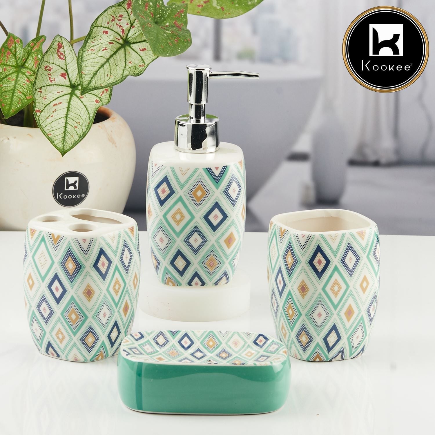 Ceramic Bathroom Accessories Set of 4 with Soap Dispenser (8073)