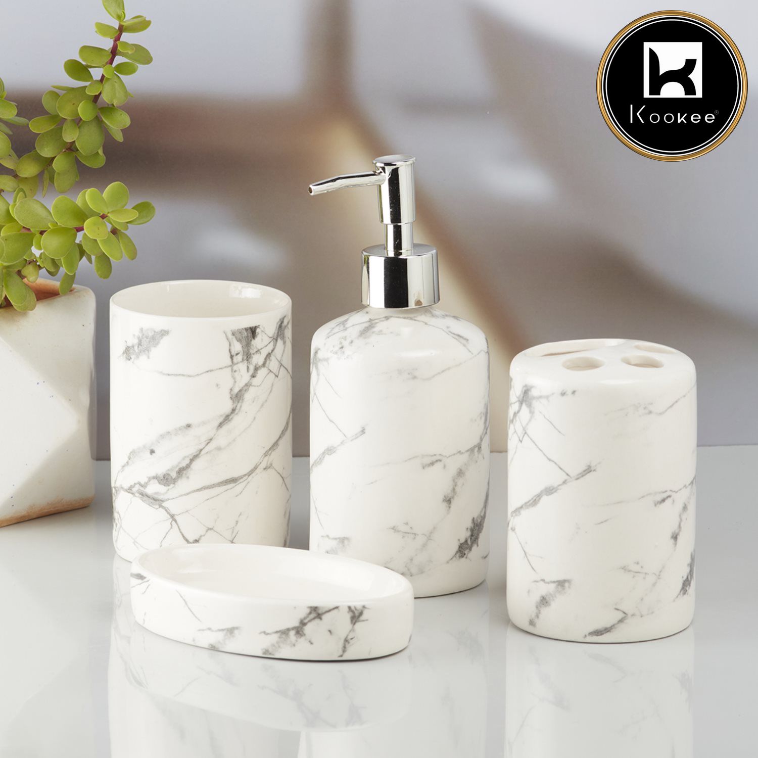 Ceramic Bathroom Set of 4 with Soap Dispenser (8074)