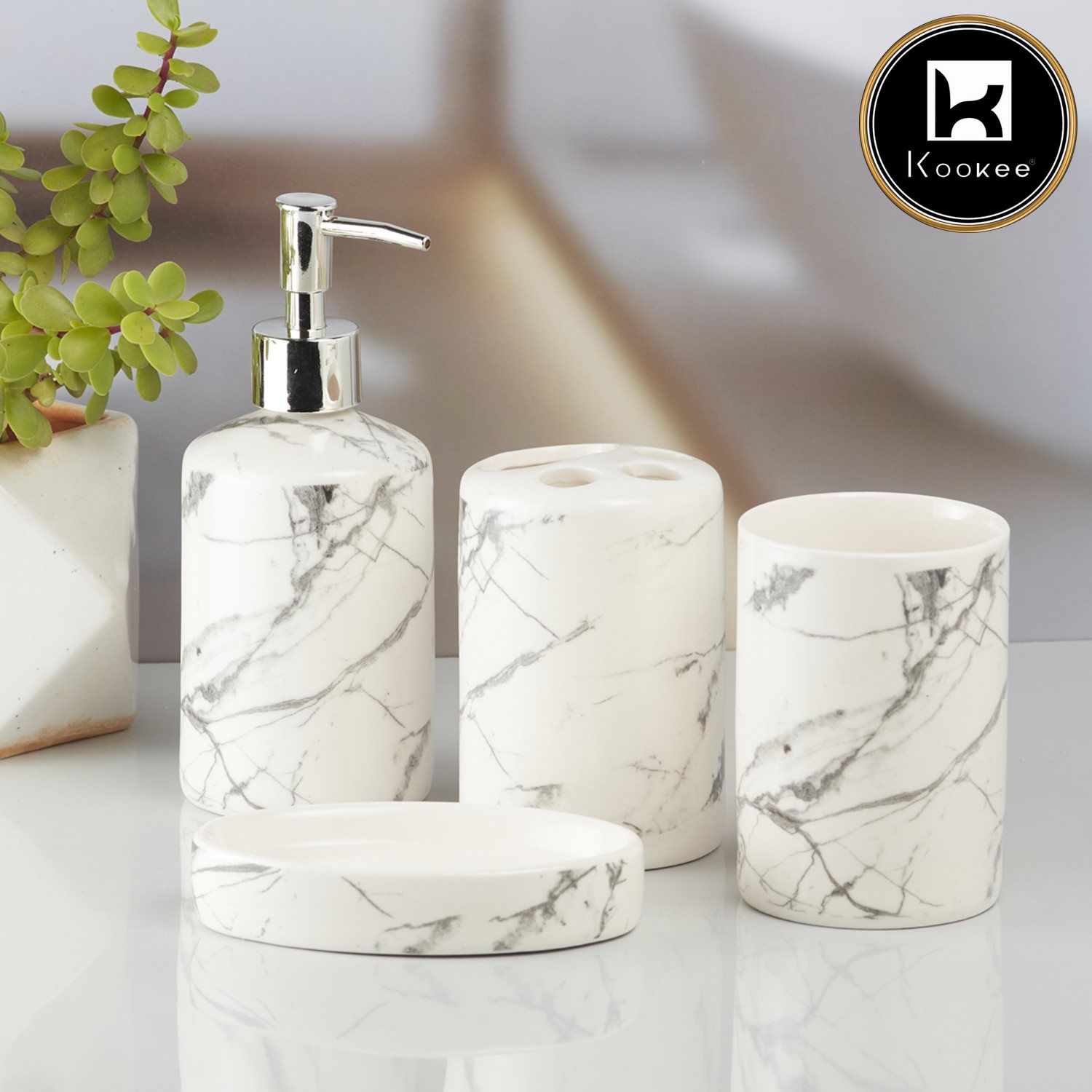 Ceramic Bathroom Set of 4 with Soap Dispenser (8074)
