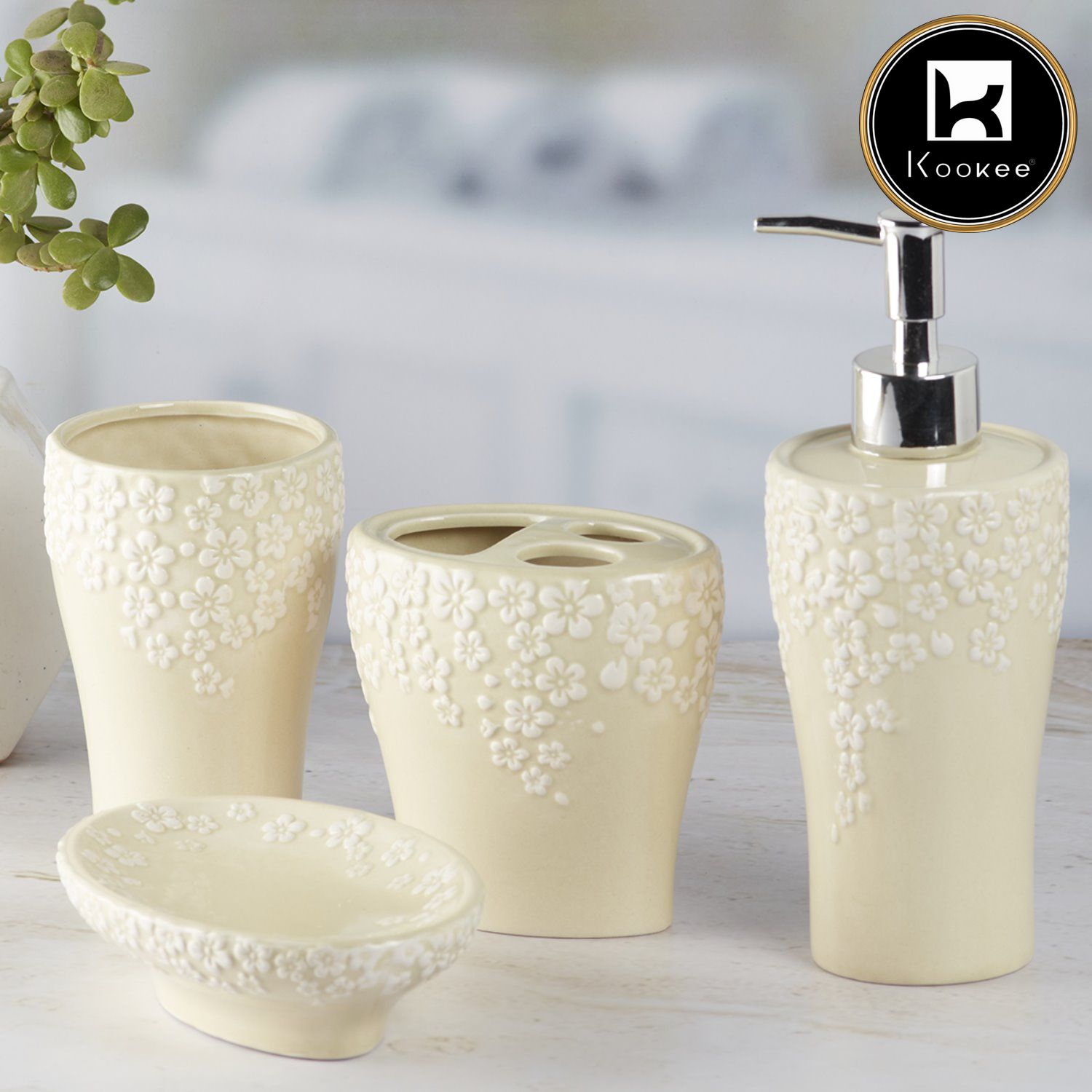 Ceramic Bathroom Set of 4 with Soap Dispenser (8075)