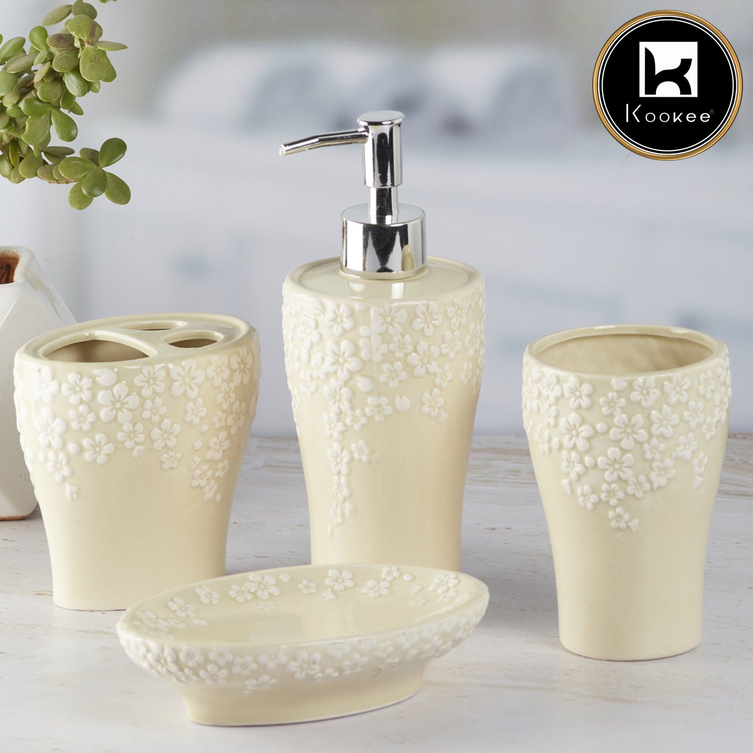 Ceramic Bathroom Set of 4 with Soap Dispenser (8075)