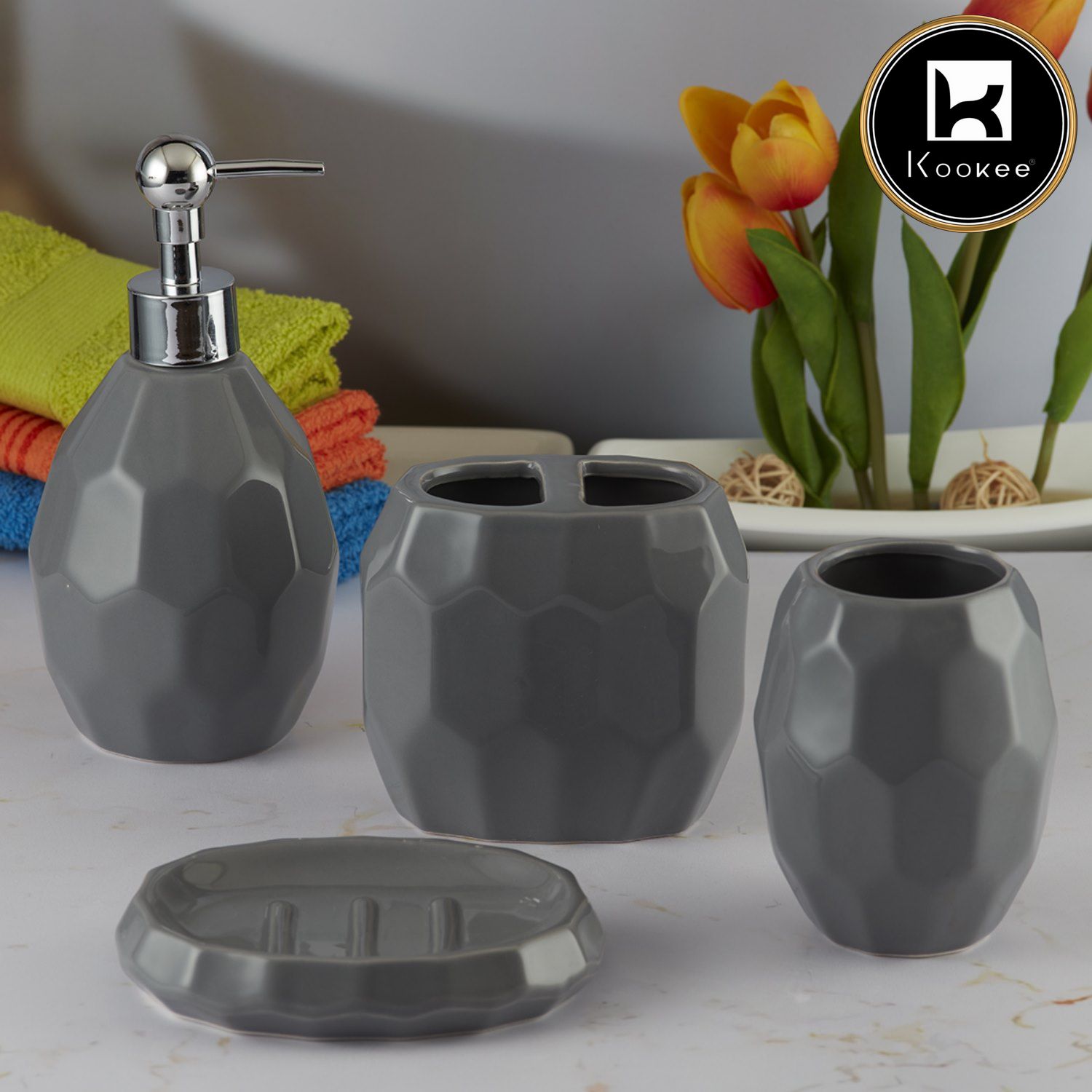 Kookee Ceramic Bathroom Sets, Grey, ART08105