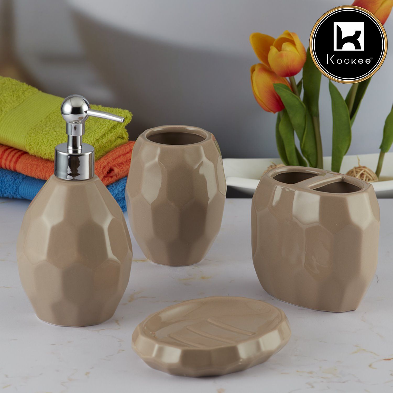 Ceramic Bathroom Accessories Set of 4 with Soap Dispenser (8107)