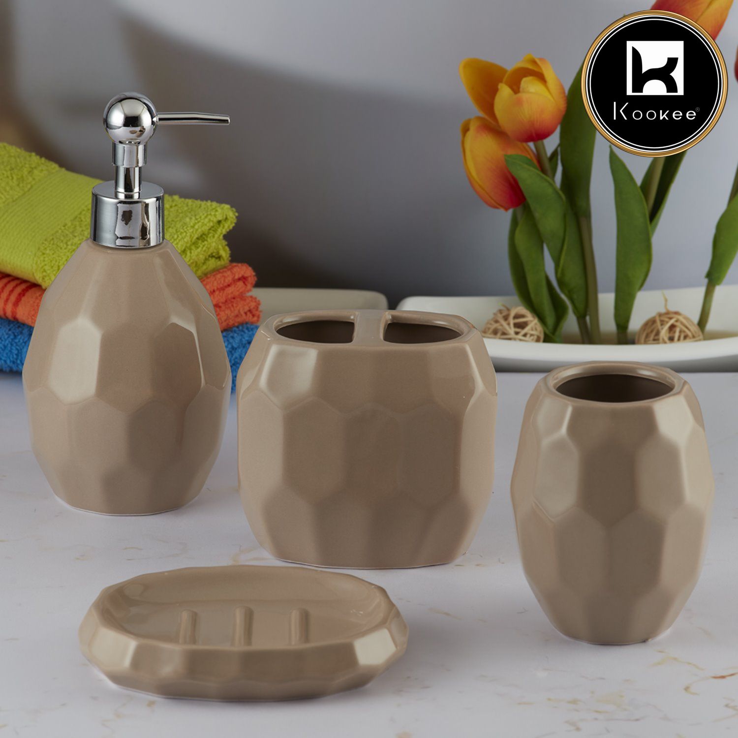 Ceramic Bathroom Accessories Set of 4 with Soap Dispenser (8107)