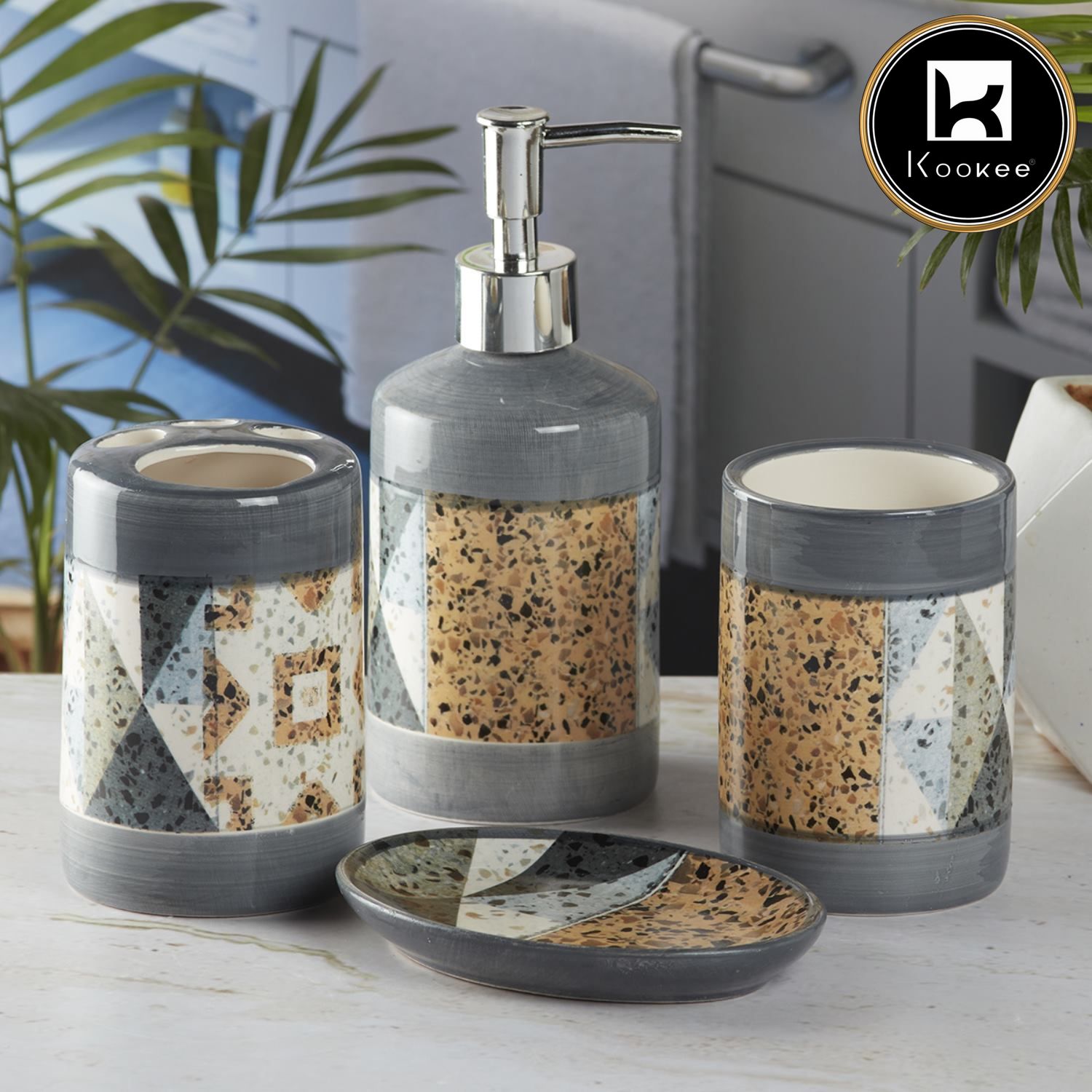 Ceramic Bathroom Set of 4 with Soap Dispenser (8114)