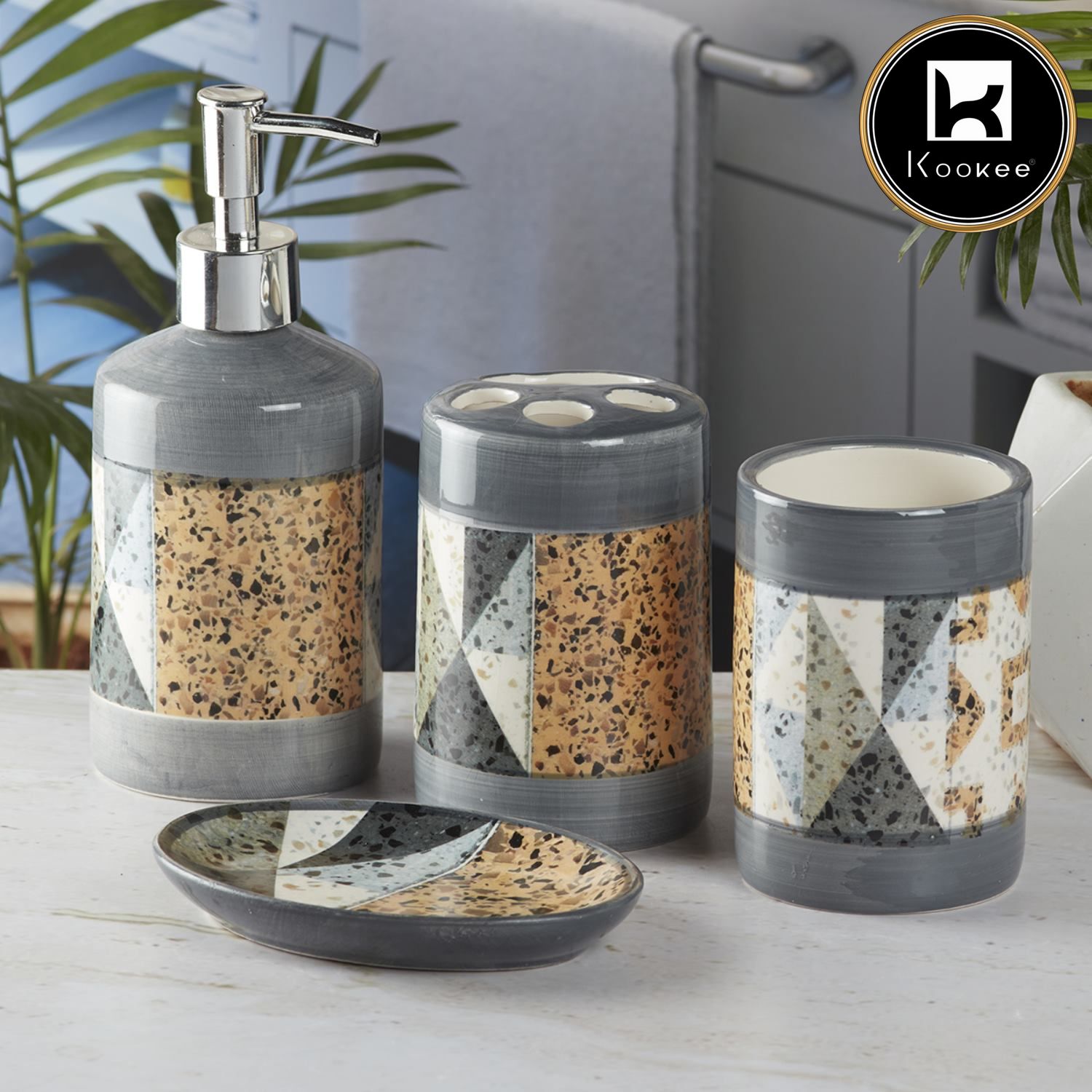 Ceramic Bathroom Set of 4 with Soap Dispenser (8114)