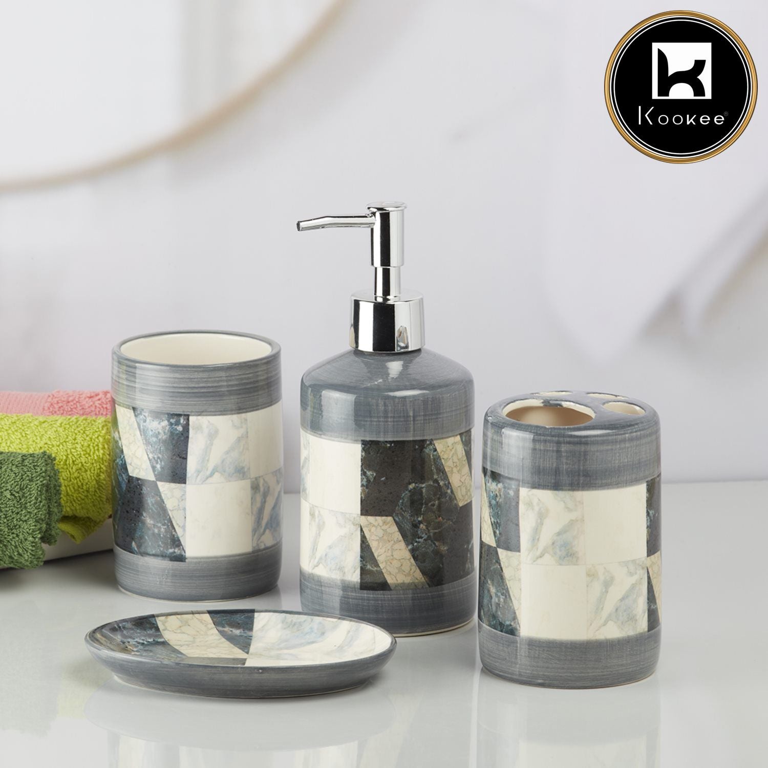 Ceramic Bathroom Set of 4 with Soap Dispenser (8115)