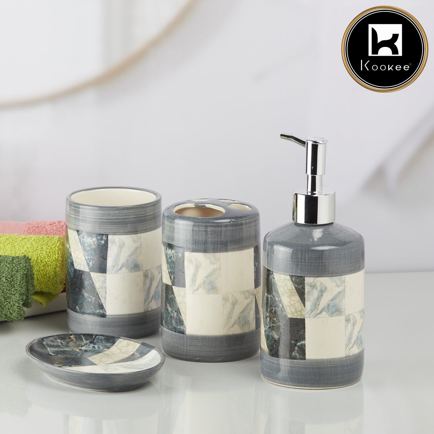 Ceramic Bathroom Set of 4 with Soap Dispenser (8115)