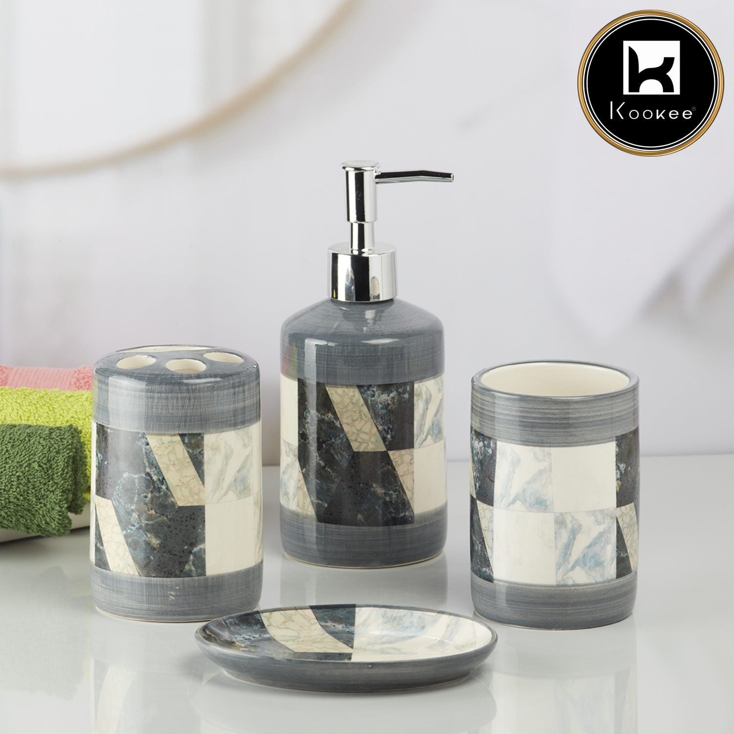 Ceramic Bathroom Set of 4 with Soap Dispenser (8115)