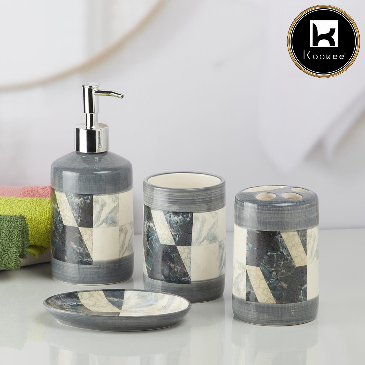 Ceramic Bathroom Set of 4 with Soap Dispenser (8115)