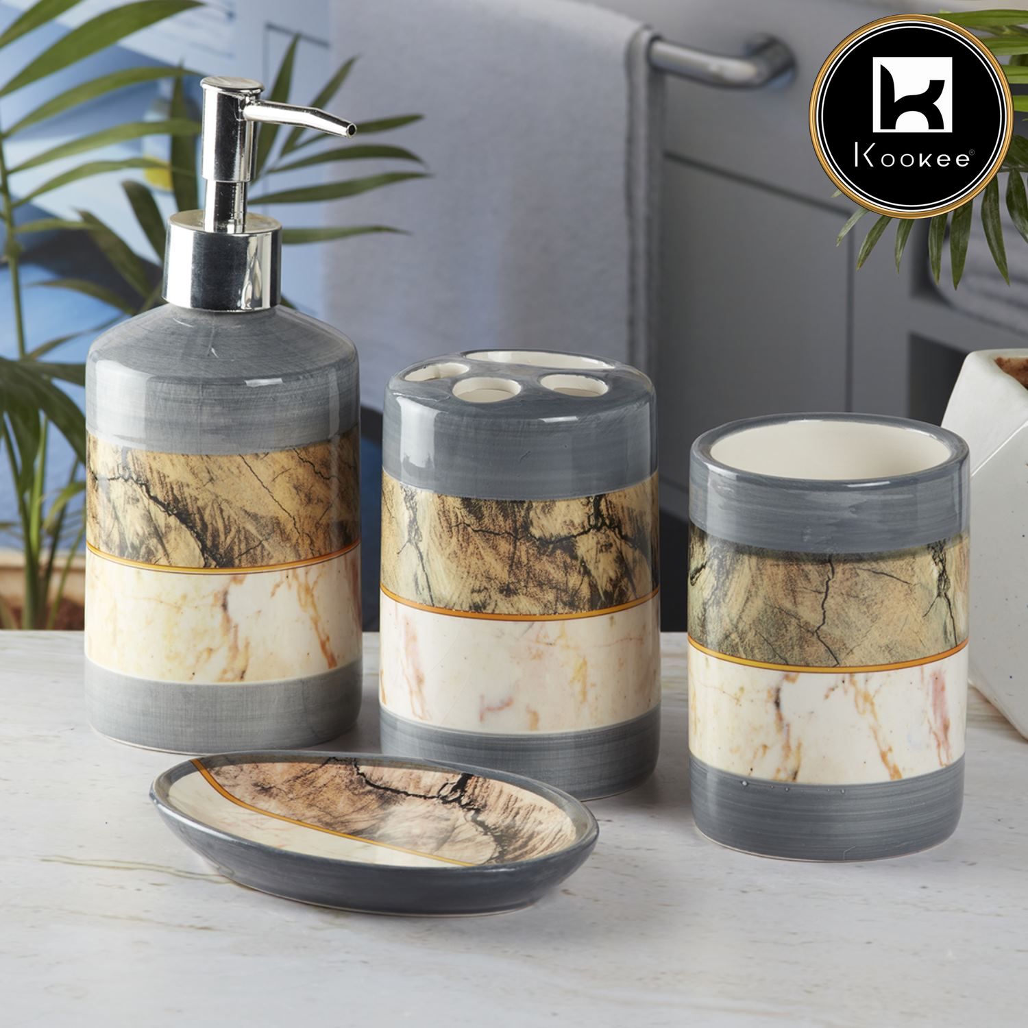 Kookee Ceramic Bathroom Sets, Grey, ART08116