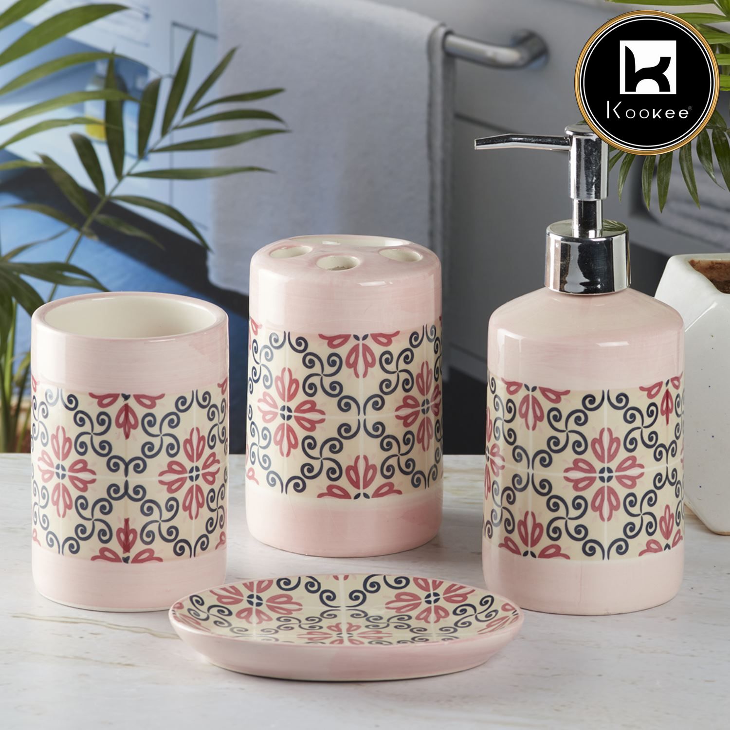 Ceramic Bathroom Set of 4 with Soap Dispenser (8117)
