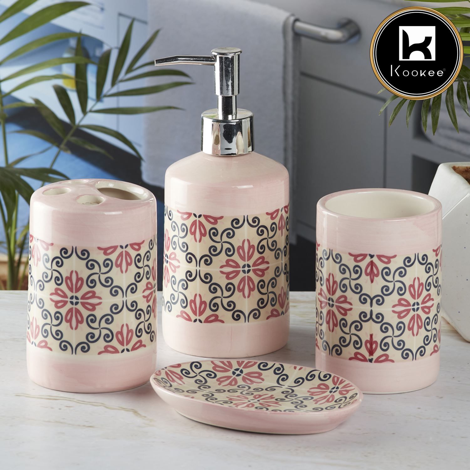 Ceramic Bathroom Set of 4 with Soap Dispenser (8117)