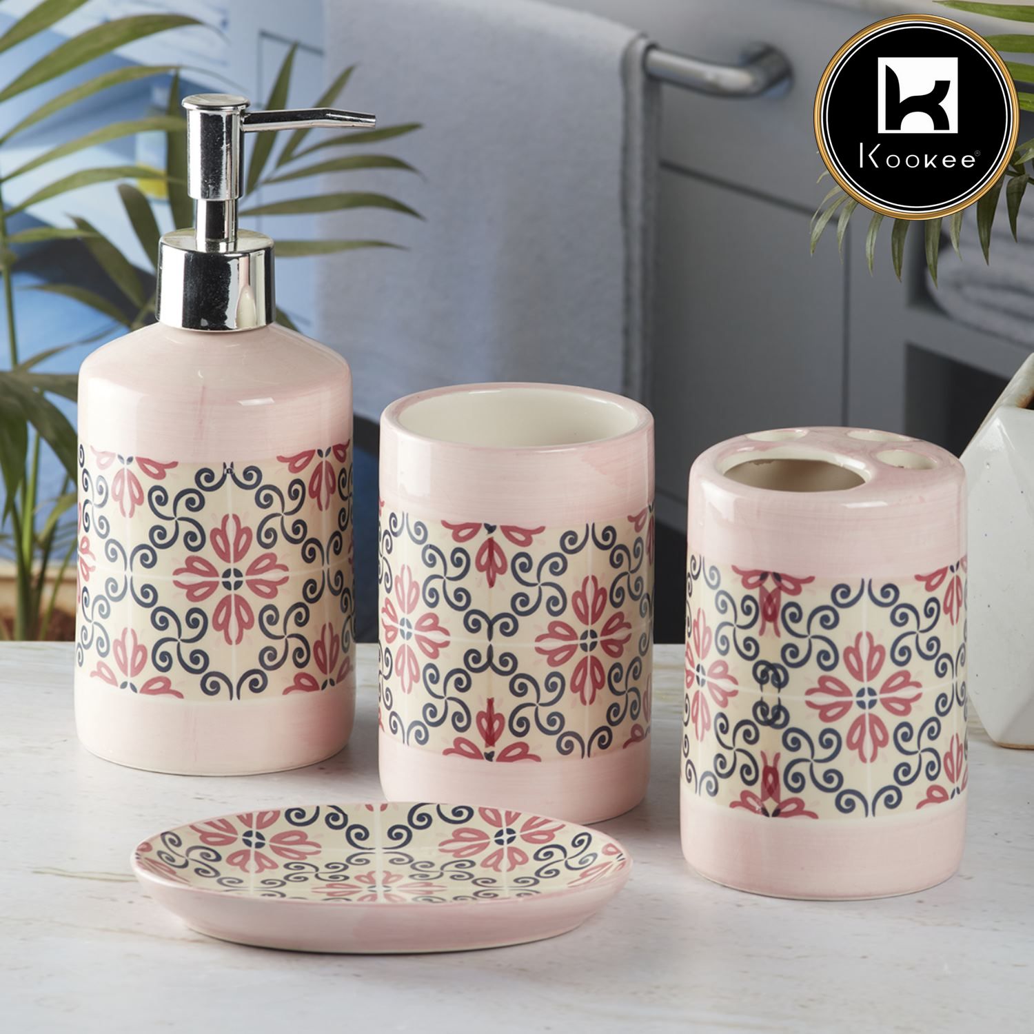 Ceramic Bathroom Set of 4 with Soap Dispenser (8117)
