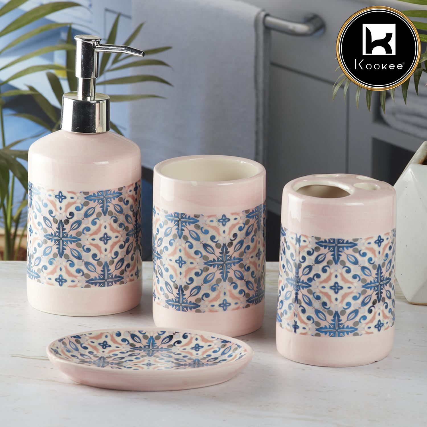 Kookee Ceramic Bathroom Accessories Set of 4, Modern Bath Set with Liquid handwash Soap Dispenser and Toothbrush holder, Luxury Gift Accessory for Home, Pink