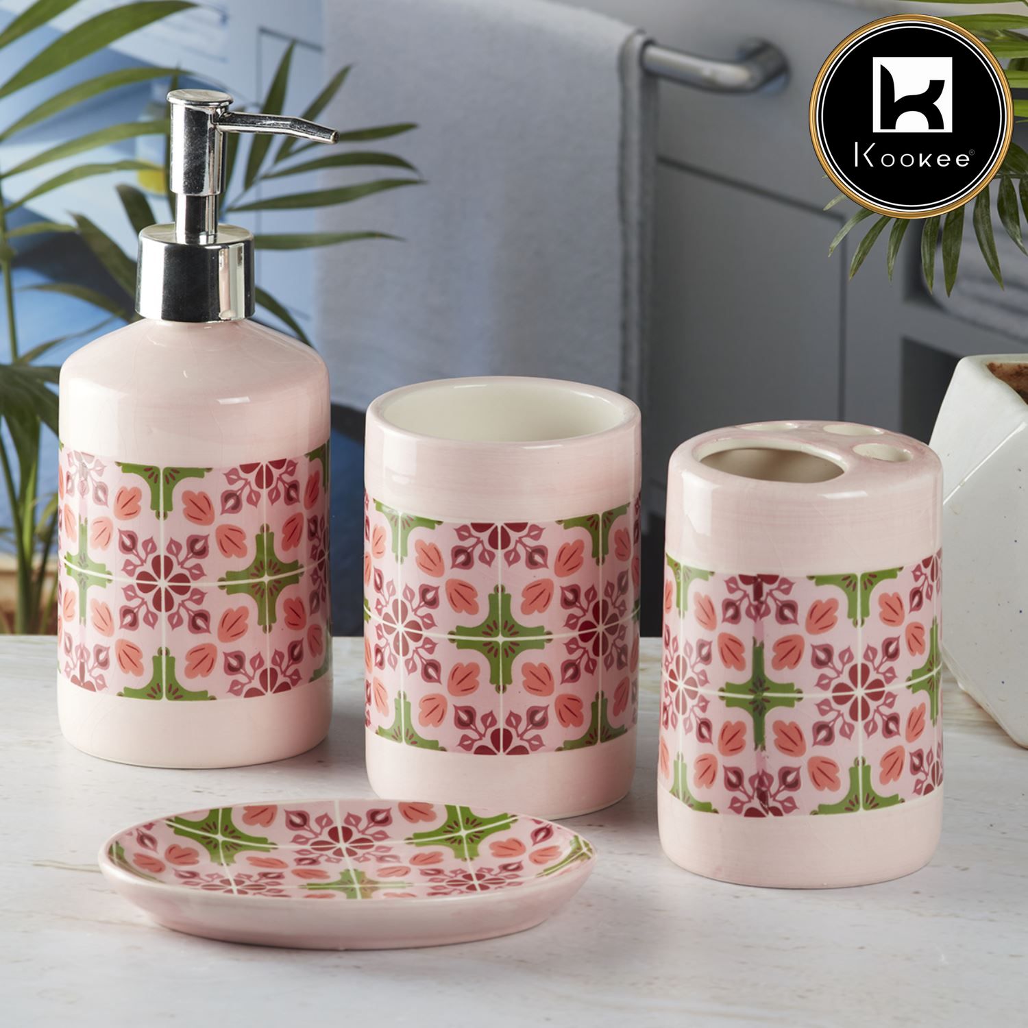 Kookee Ceramic Bathroom Accessories Set of 4, Modern Bath Set with Liquid handwash Soap Dispenser and Toothbrush holder, Luxury Gift Accessory for Home, Pink