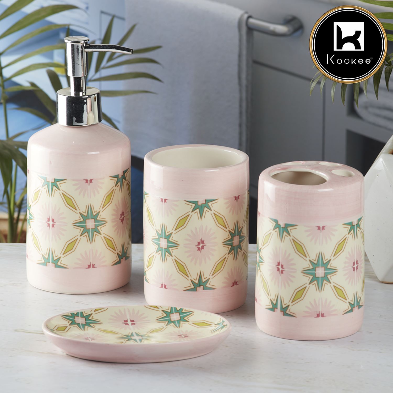 Kookee Ceramic Bathroom Accessories Set of 4, Modern Bath Set with Liquid handwash Soap Dispenser and Toothbrush holder, Luxury Gift Accessory for Home, Pink