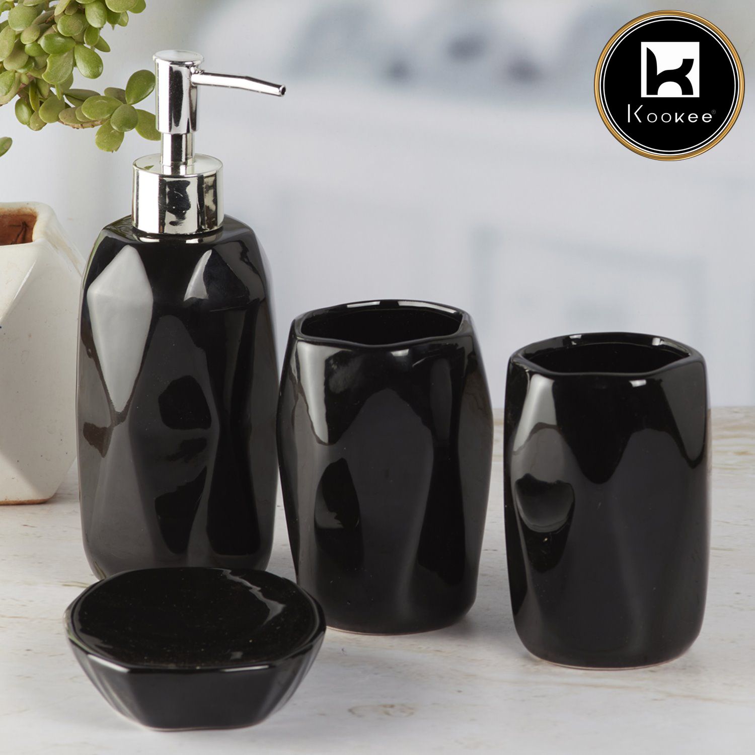 Kookee Ceramic Bathroom Accessories Set of 4, Modern Bath Set with Liquid handwash Soap Dispenser and Toothbrush holder, Luxury Gift Accessory for Home, Black