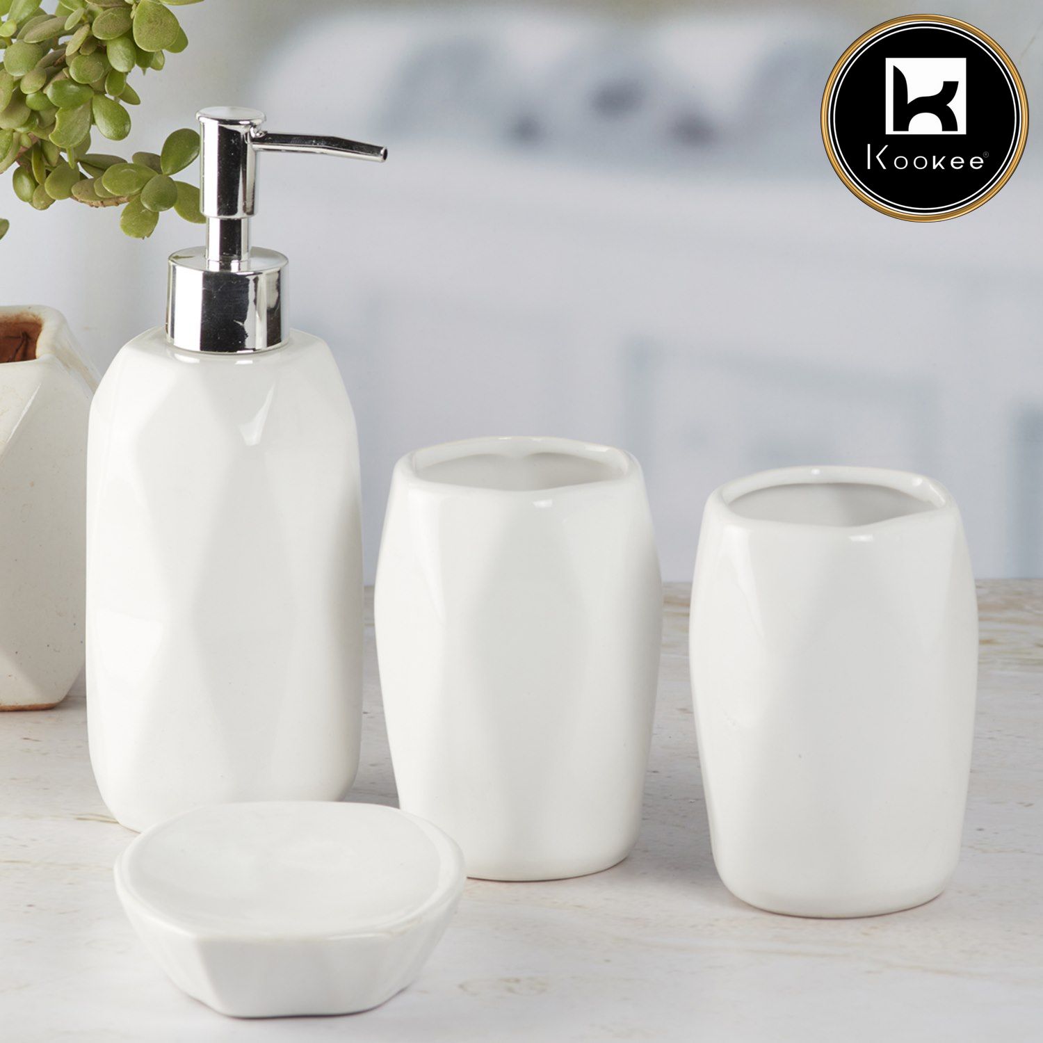 Kookee Ceramic Bathroom Accessories Set of 4, Modern Bath Set with Liquid handwash Soap Dispenser and Toothbrush holder, Luxury Gift Accessory for Home, White