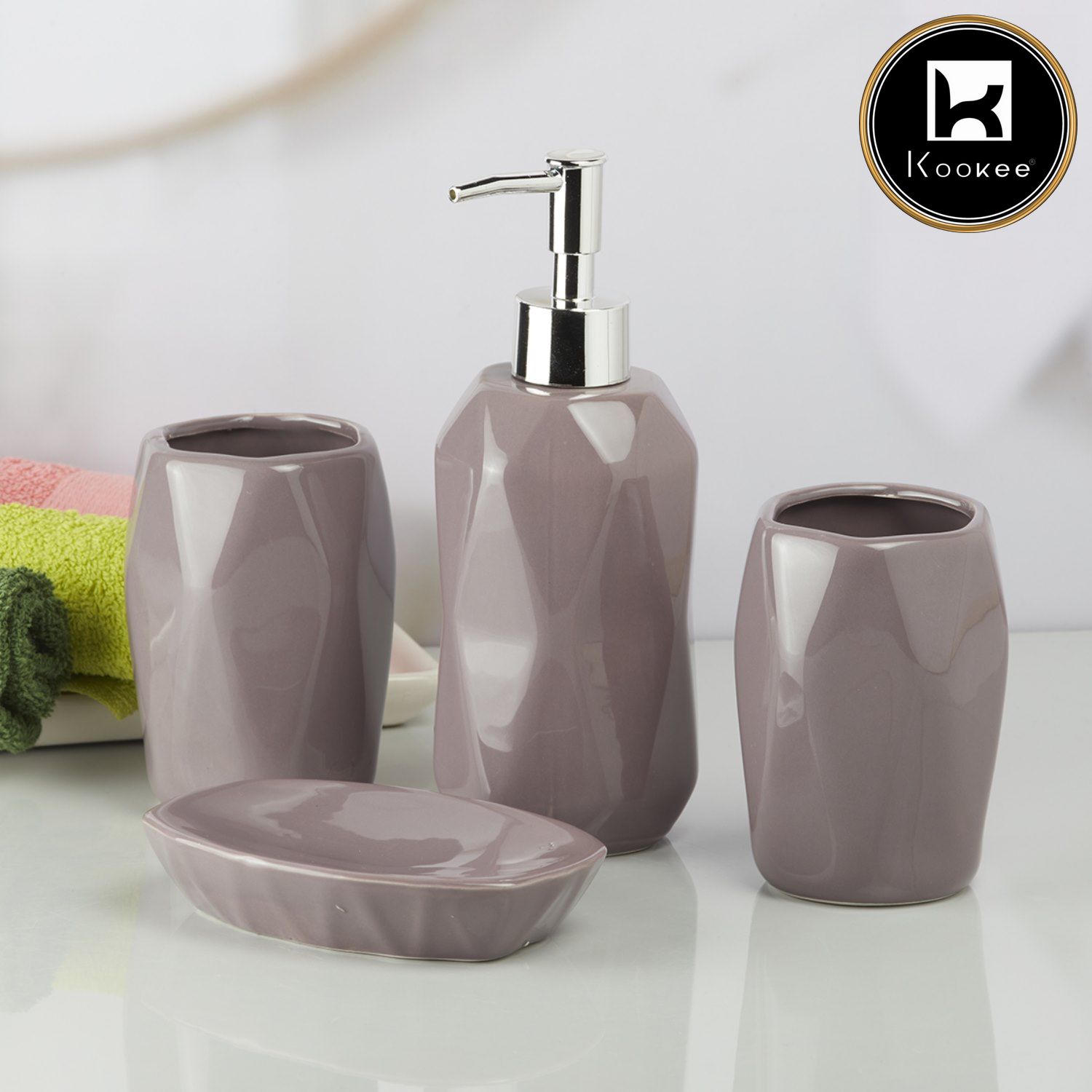 Ceramic Bathroom Accessories Set of 4 with Soap Dispenser (8124)