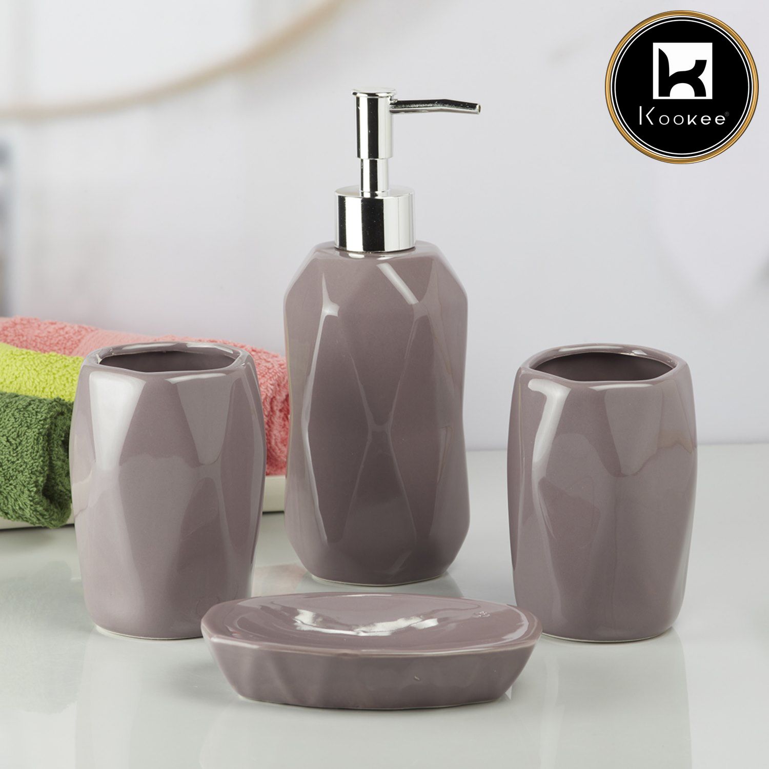 Ceramic Bathroom Accessories Set of 4 with Soap Dispenser (8124)