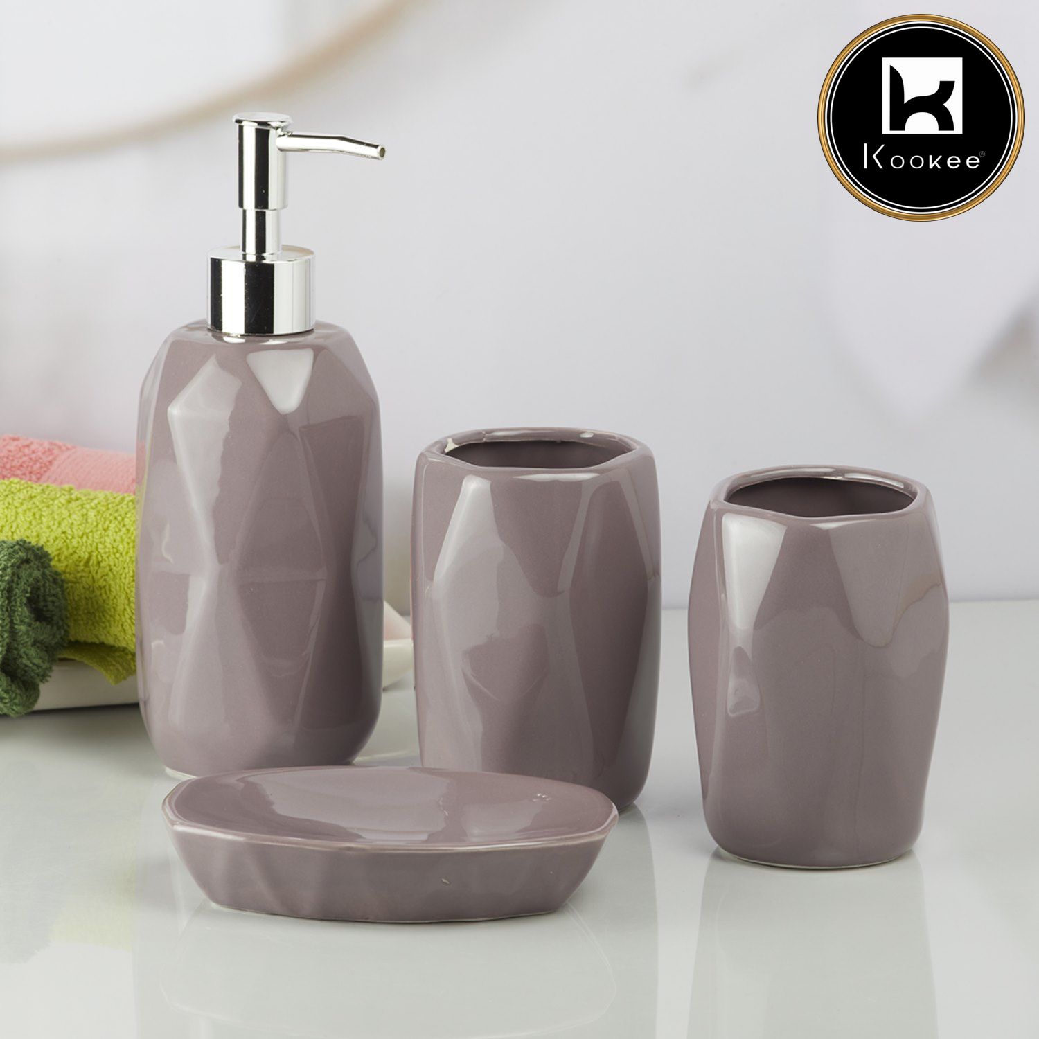 Kookee Ceramic Bathroom Accessories Set of 4, Modern Bath Set with Liquid handwash Soap Dispenser and Toothbrush holder, Luxury Gift Accessory for Home, Bazaar