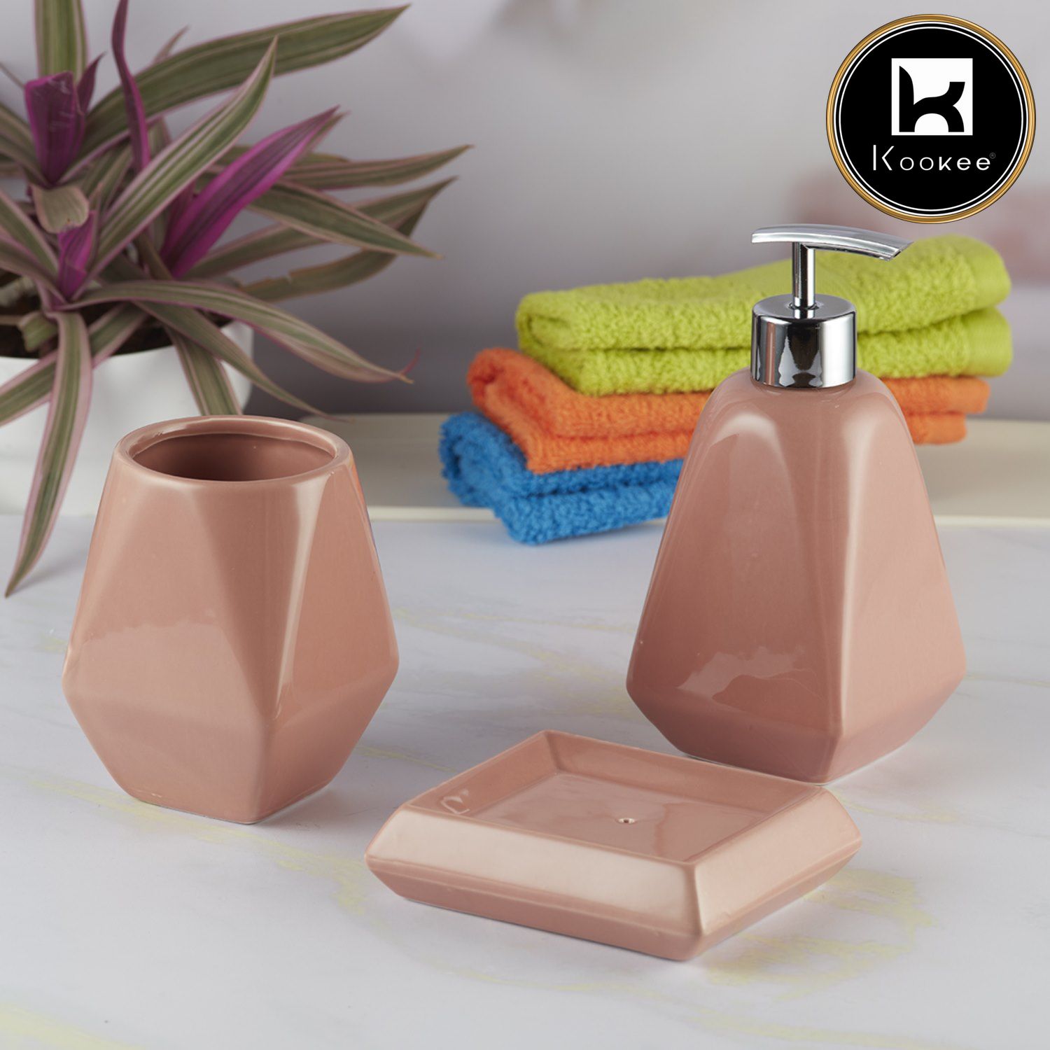 Kookee Ceramic Bathroom Accessories Set of 3, Modern Bath Set with Liquid handwash Soap Dispenser and Toothbrush holder, Luxury Gift Accessory for Home, Peach