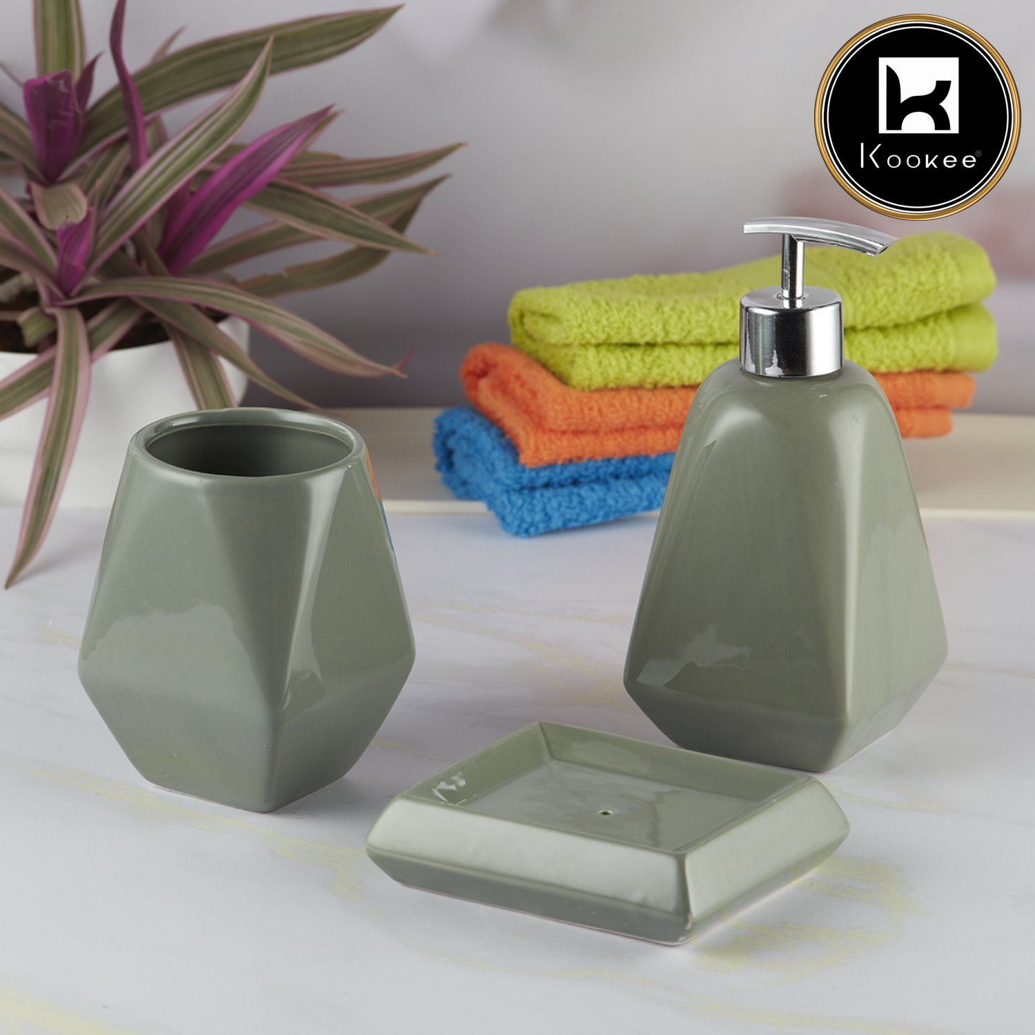 Kookee Ceramic Bathroom Accessories Set of 3, Modern Bath Set with Liquid handwash Soap Dispenser and Toothbrush holder, Luxury Gift Accessory for Home, Green