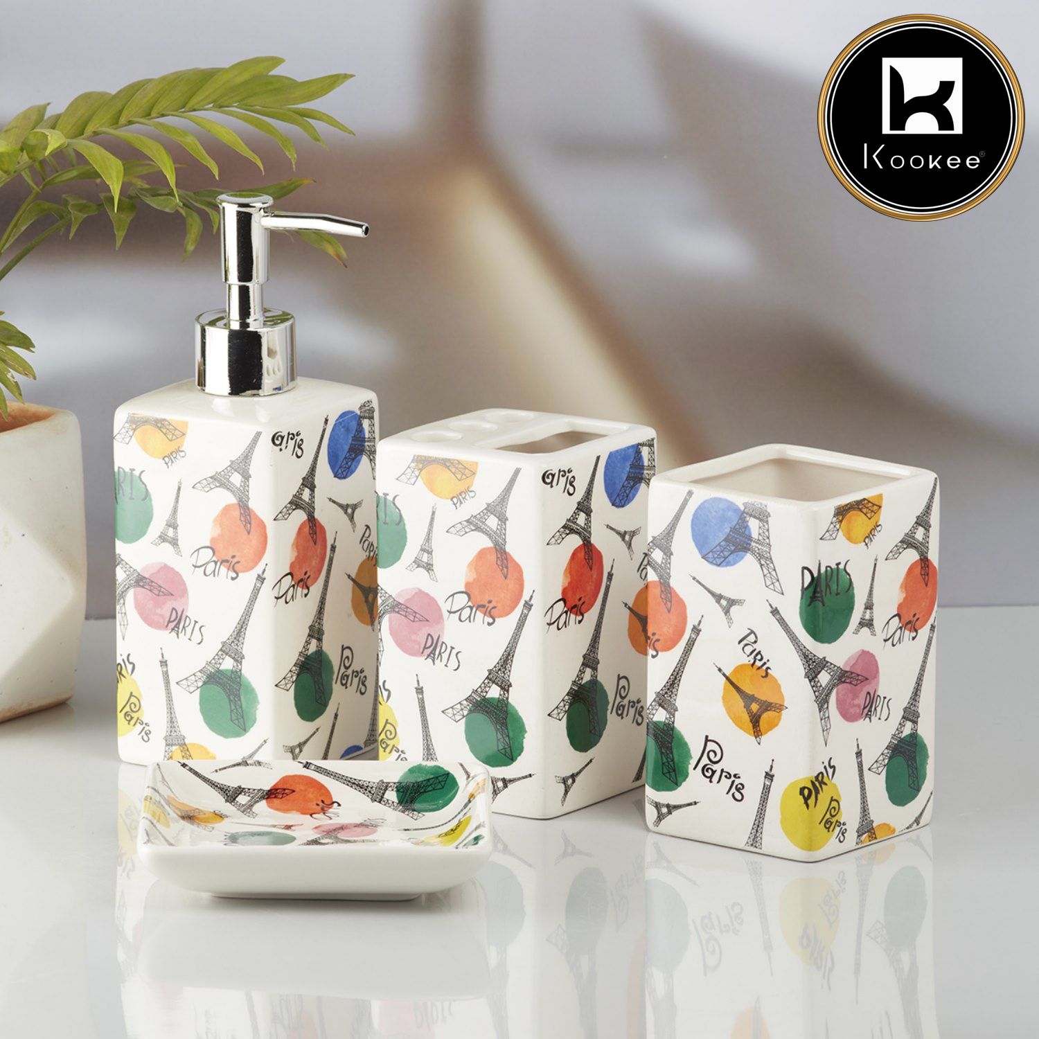 Kookee Ceramic Bathroom Accessories Set of 4, Modern Bath Set with Liquid handwash Soap Dispenser and Toothbrush holder, Luxury Gift Accessory for Home, Multicolor