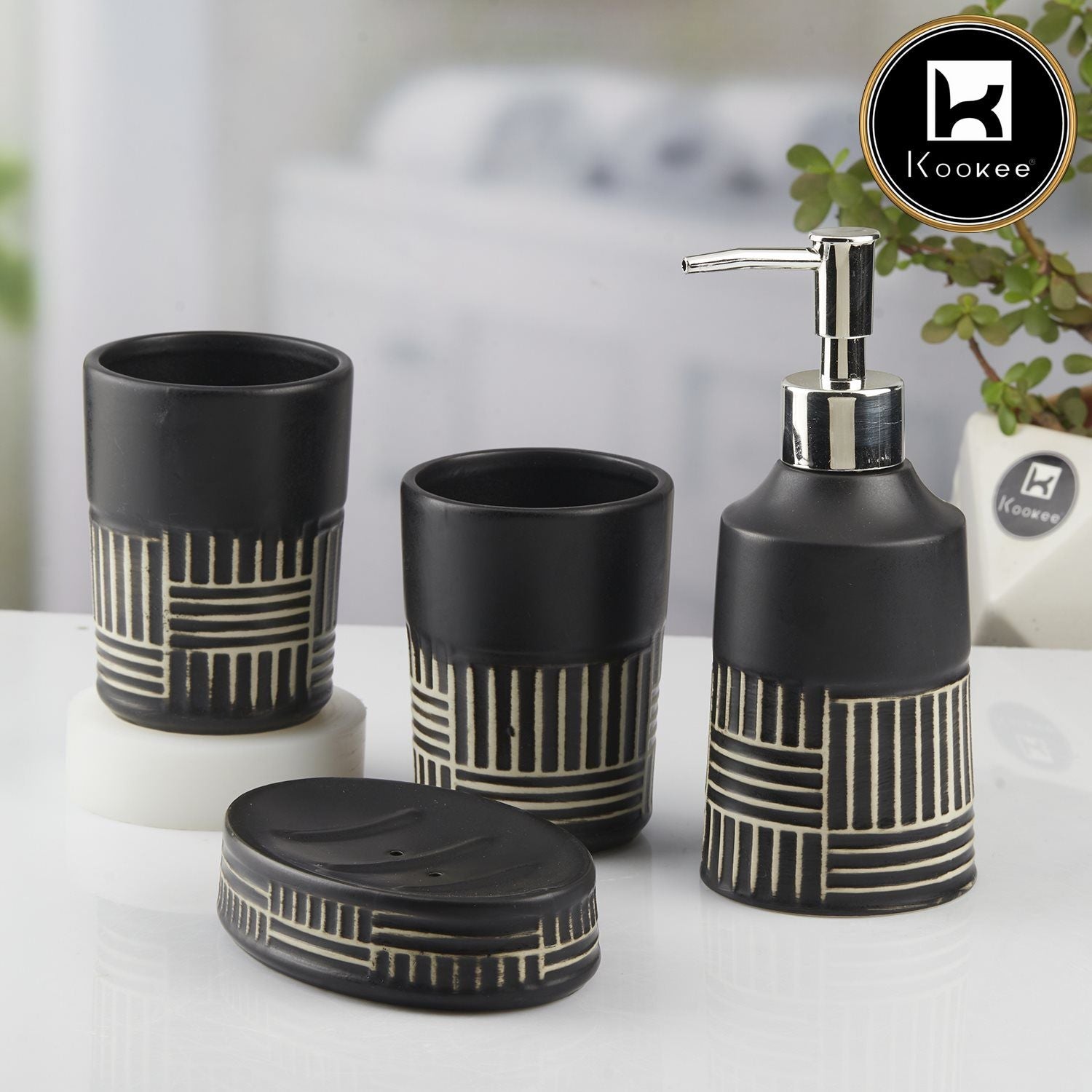 Ceramic Bathroom Accessories Set of 4 with Soap Dispenser (8143)