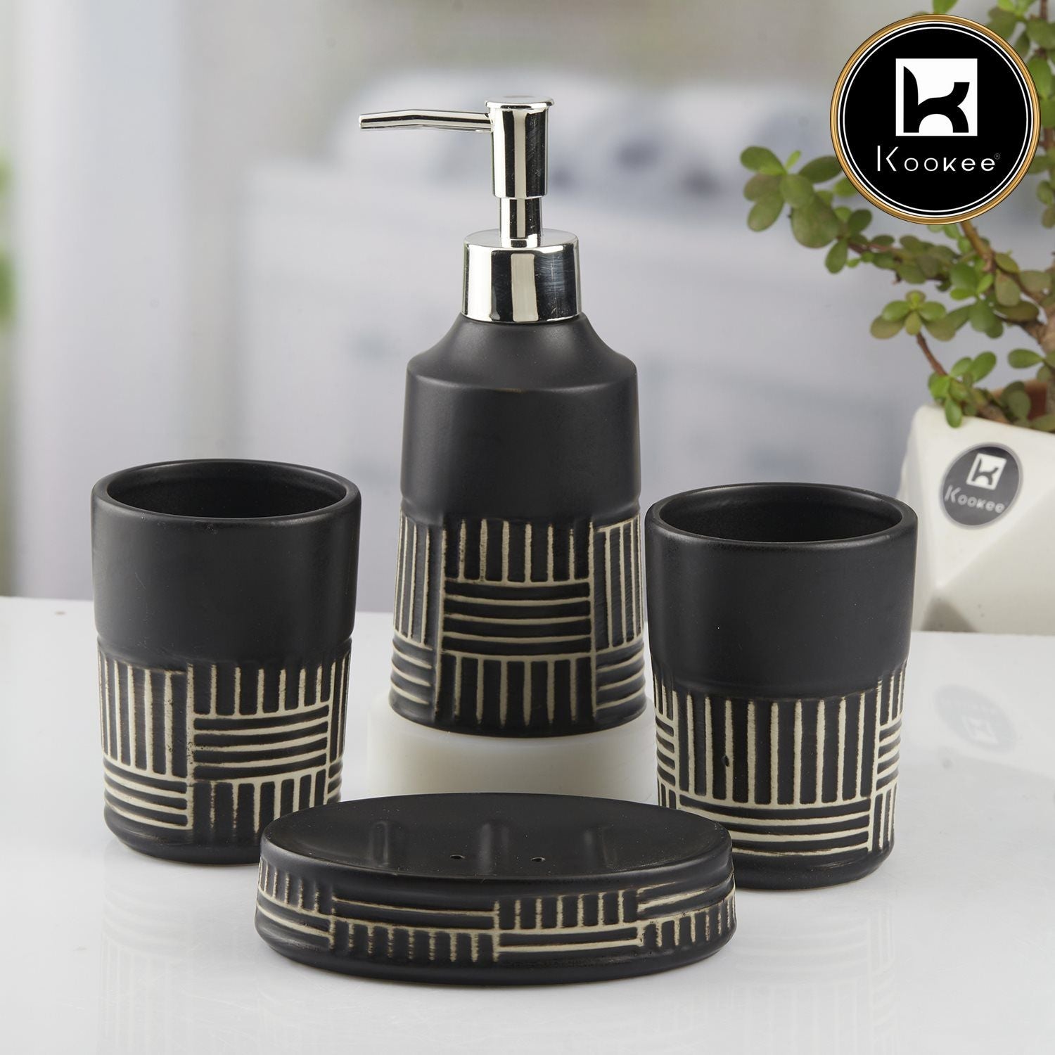 Ceramic Bathroom Accessories Set of 4 with Soap Dispenser (V-CBS-037-1)