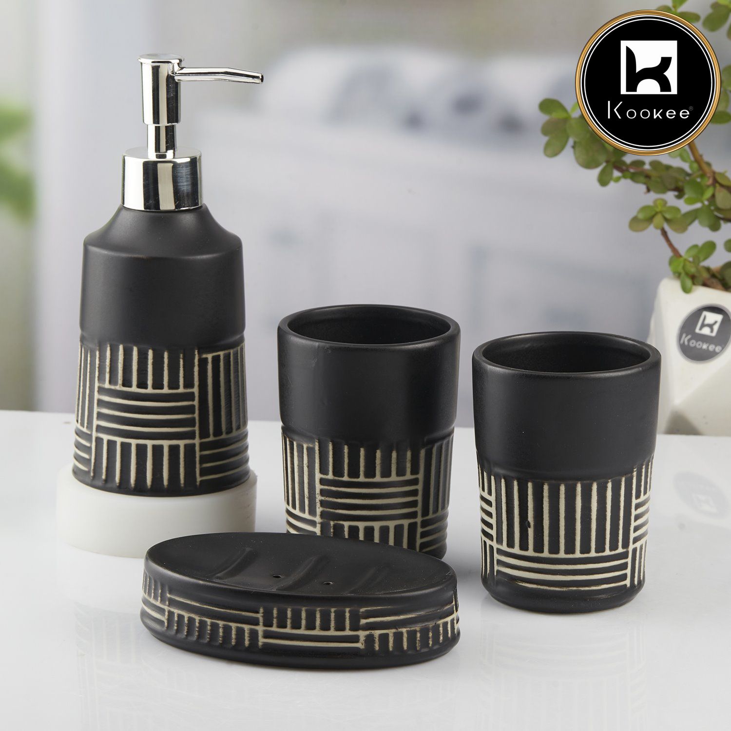 Kookee Ceramic Bathroom Accessories Set of 4, Modern Bath Set with Liquid handwash Soap Dispenser and Toothbrush holder, Luxury Gift Accessory for Home, Black