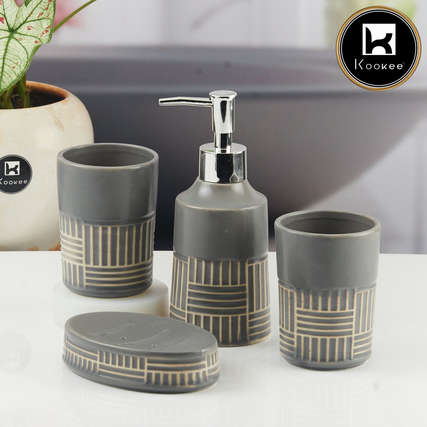 Ceramic Bathroom Accessories Set of 4 with Soap Dispenser (8144)