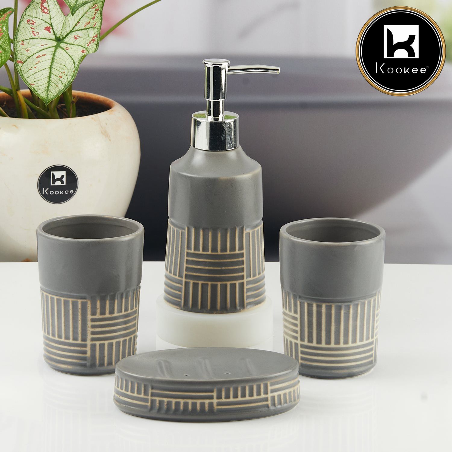 Ceramic Bathroom Accessories Set of 4 with Soap Dispenser (8144)